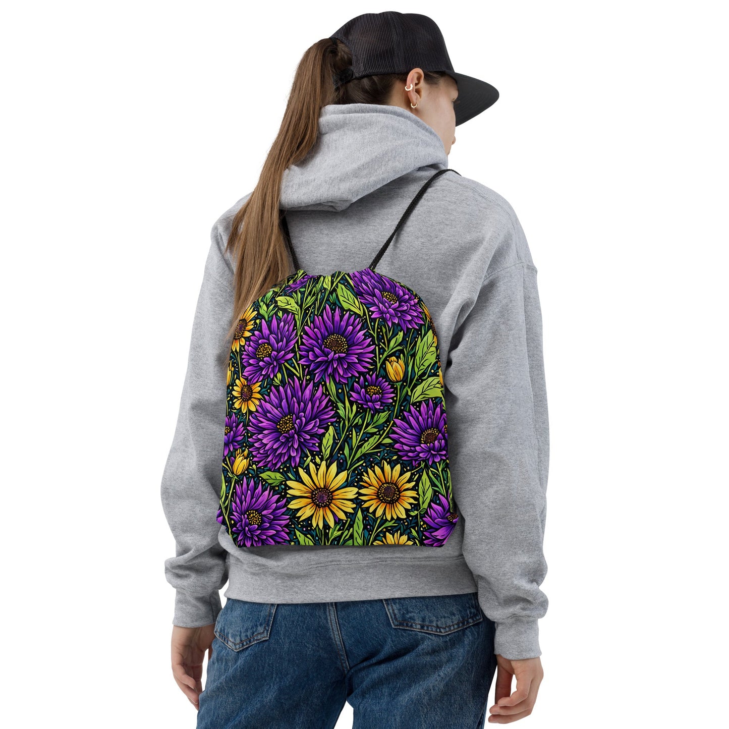 Purple And Yellow Wildflowers Drawstring Bag - Drawstring Bag - Discovery Co.