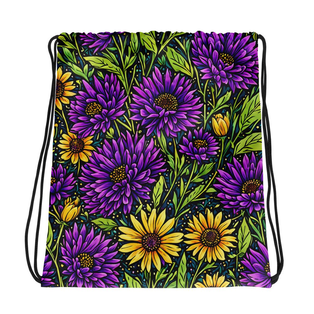 Purple And Yellow Wildflowers Drawstring Bag - Drawstring Bag - Discovery Co.