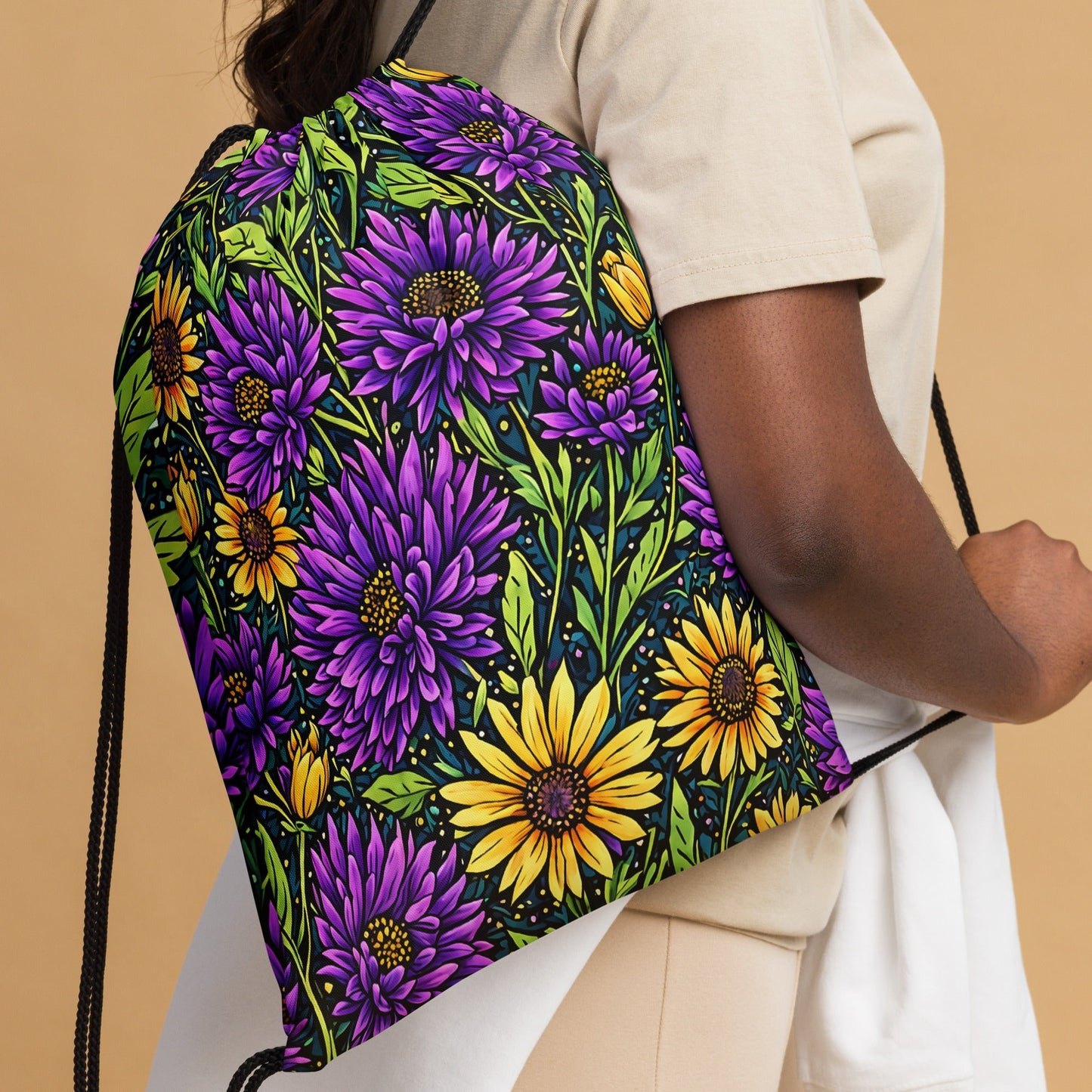 Purple And Yellow Wildflowers Drawstring Bag - Drawstring Bag - Discovery Co.