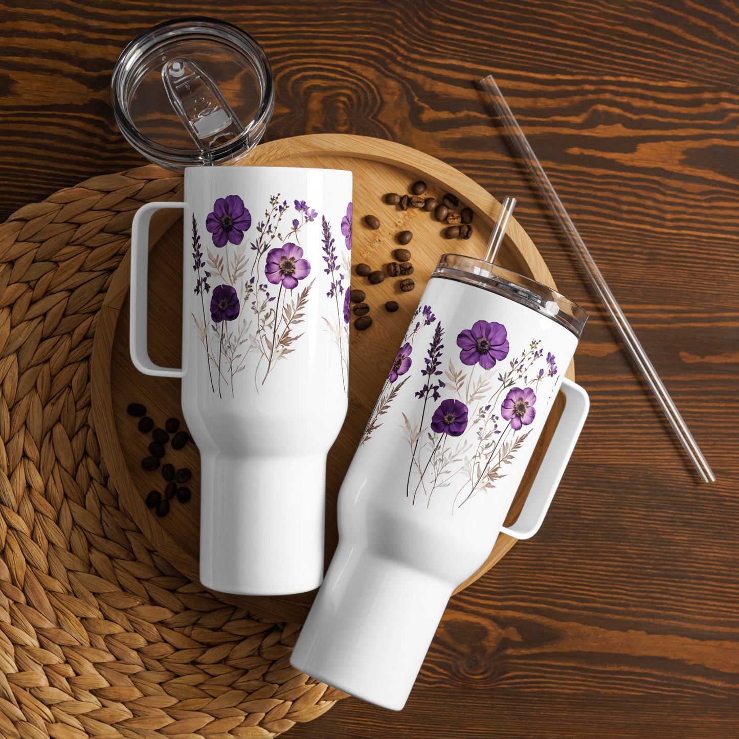 Purple Wildflowers Travel Mug With Handle (25 oz and 40 oz) - Travel Mug - Discovery Co.