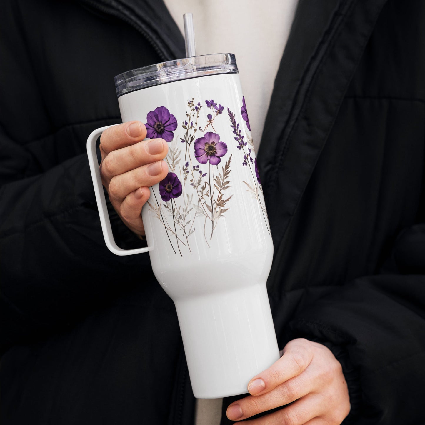Purple Wildflowers Travel Mug With Handle (25 oz and 40 oz) - Travel Mug - Discovery Co.