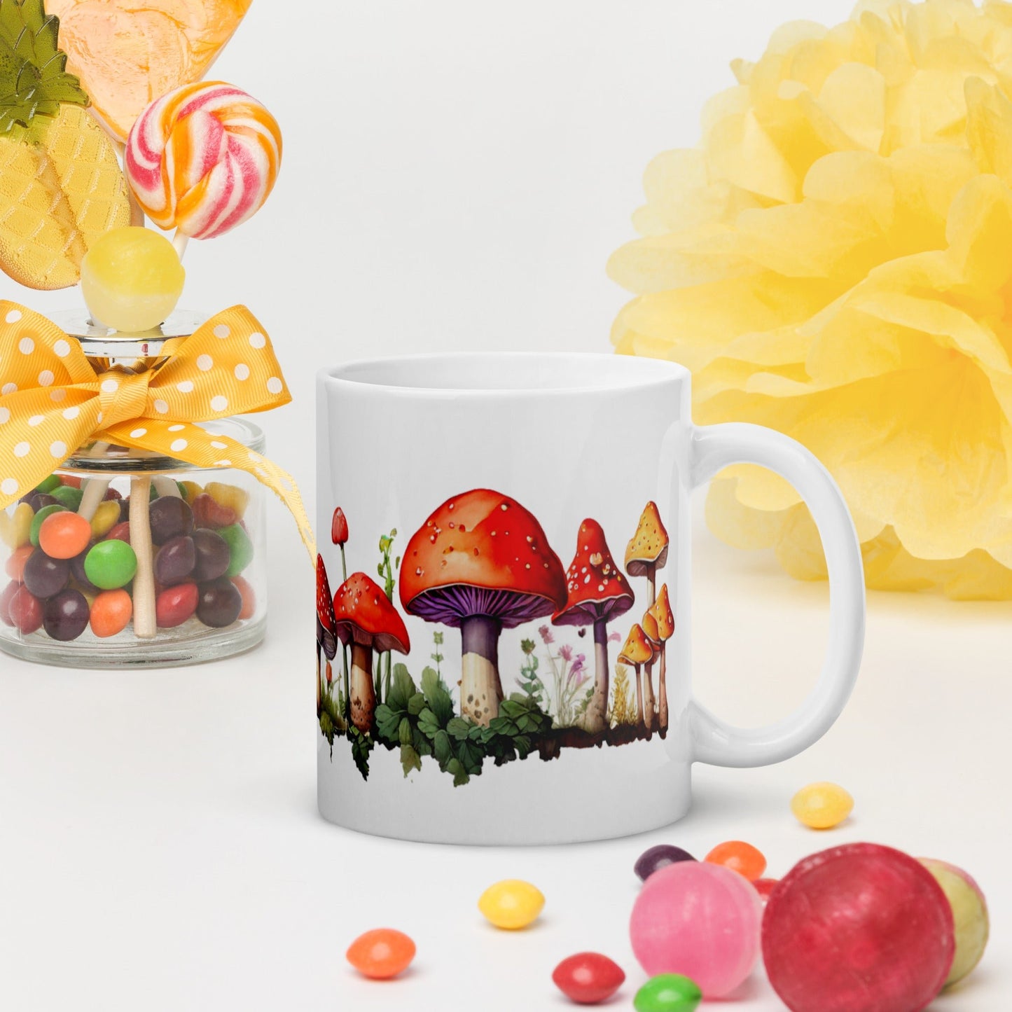 Red Mushrooms Watercolor Art White Glossy Mug (11 oz, 15 oz, 20 oz) - Mugs - Discovery Co.