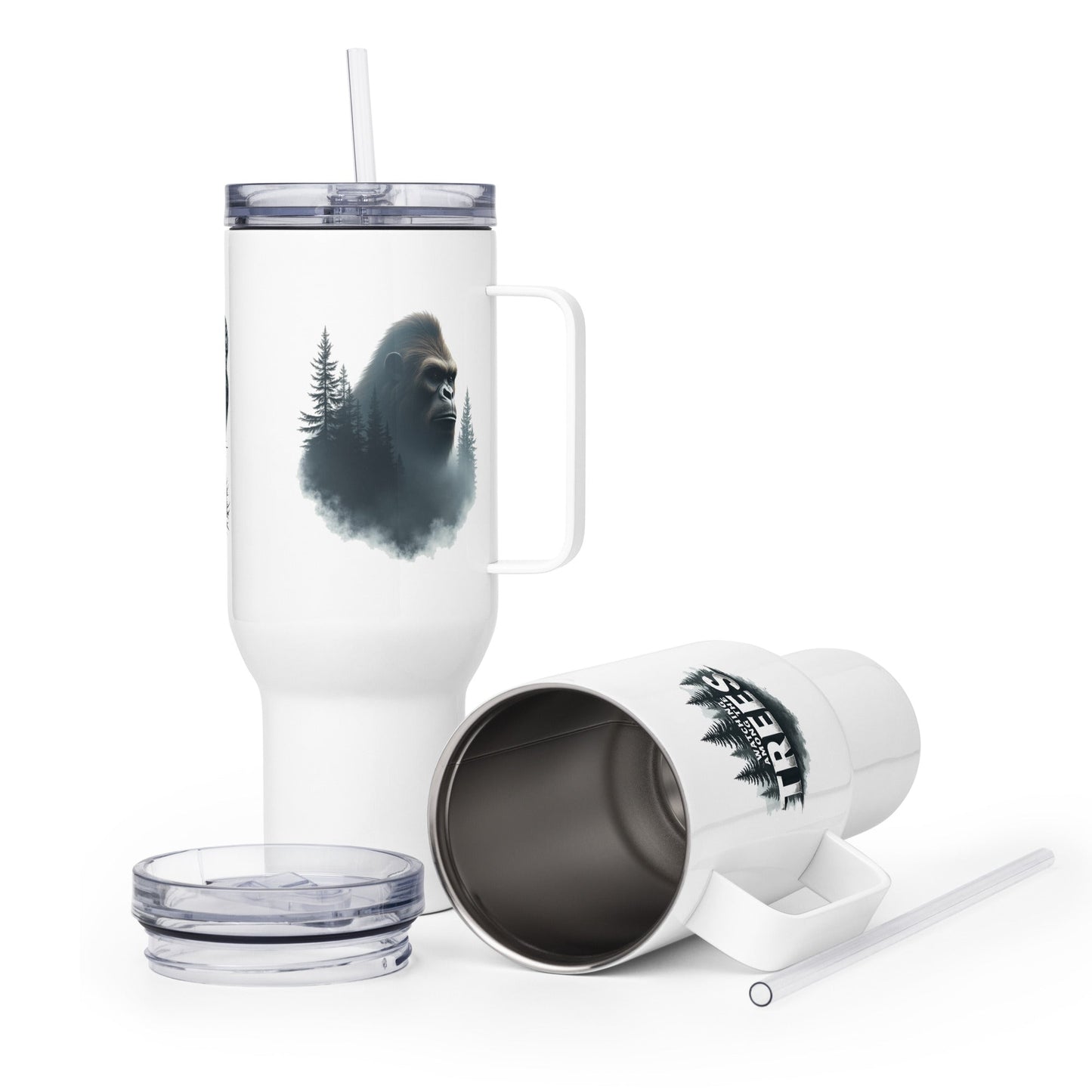 Sasquatch Watching Among The Trees Travel Mug With Handle (25 oz and 40 oz) - Travel Mug - Discovery Co.