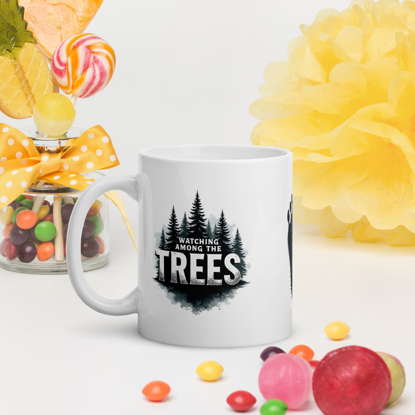 Sasquatch Watching Among The Trees White Glossy Mug (11 oz, 15 oz, 20 oz) - Mugs - Discovery Co.