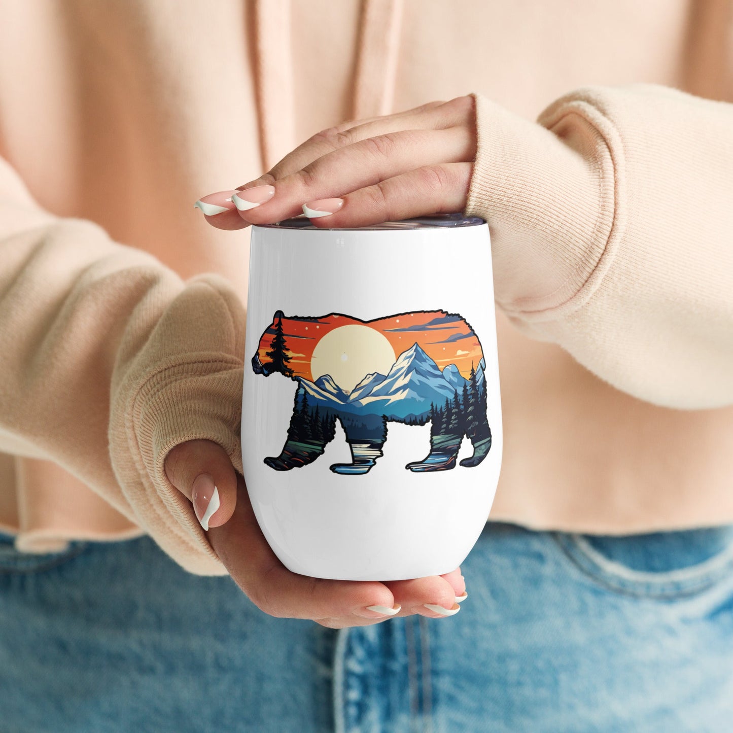 Sunset Over Mountains Bear Stainless Steel Wine Tumbler - Steel Tumbler - Discovery Co.