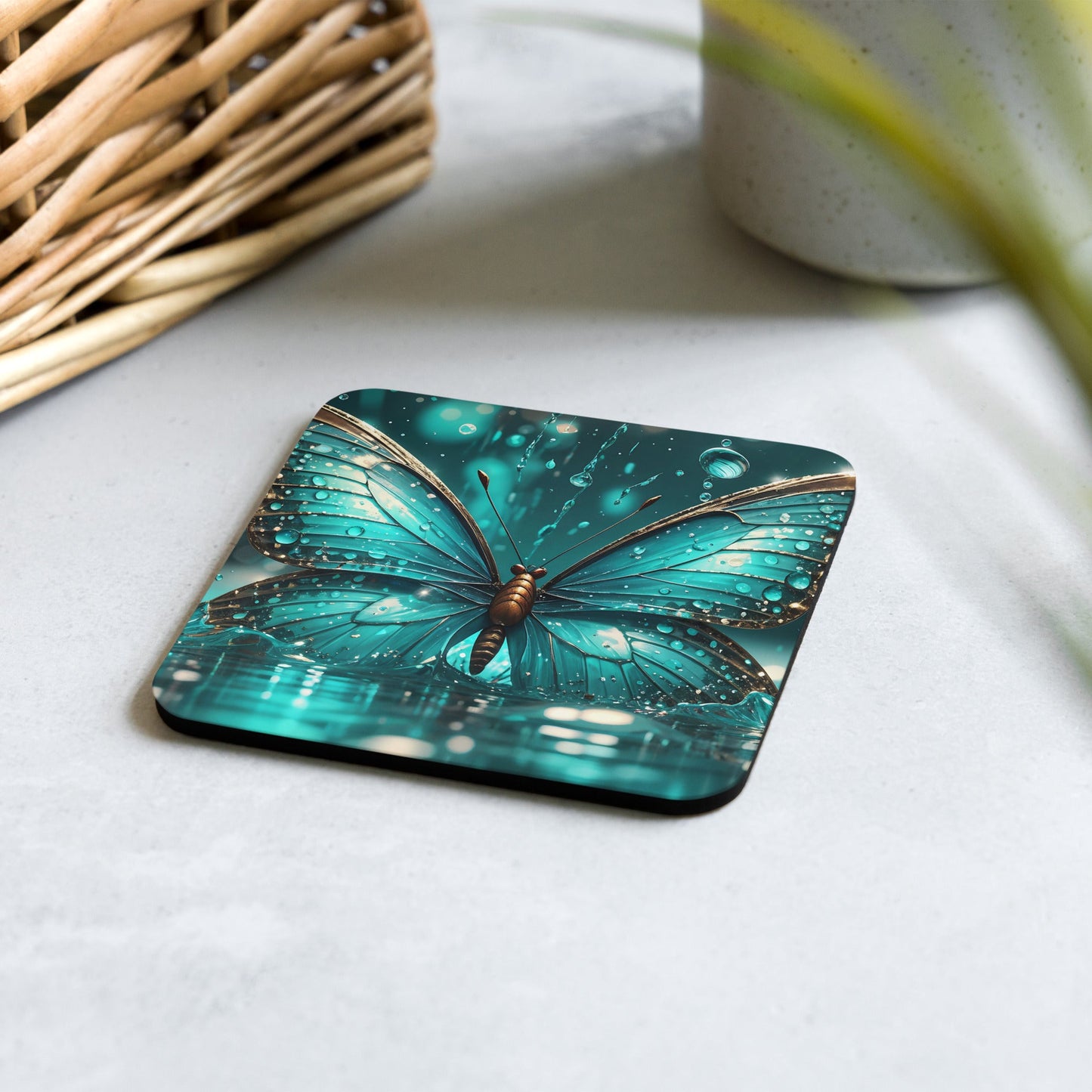 Turquoise Butterfly Cork - back Coaster - Coasters - Discovery Co.