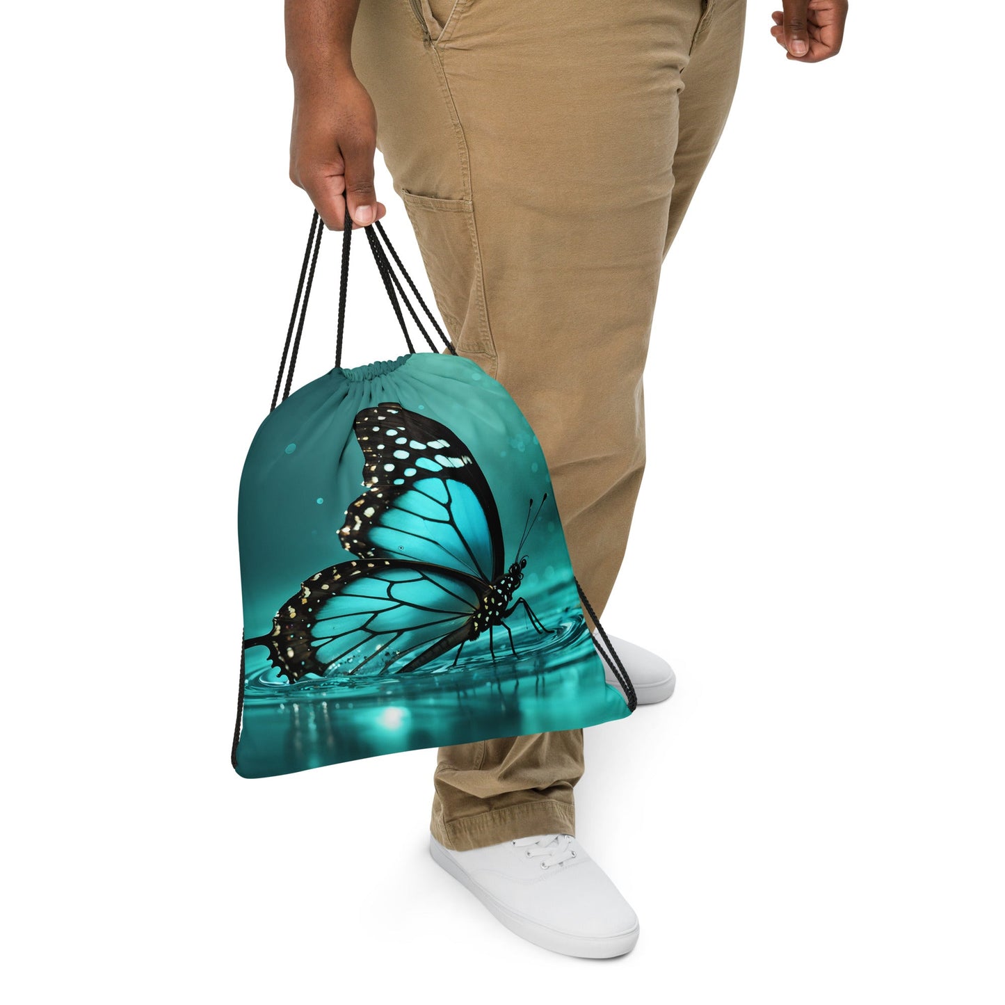 Turquoise Butterfly II Drawstring Bag - Drawstring Bag - Discovery Co.