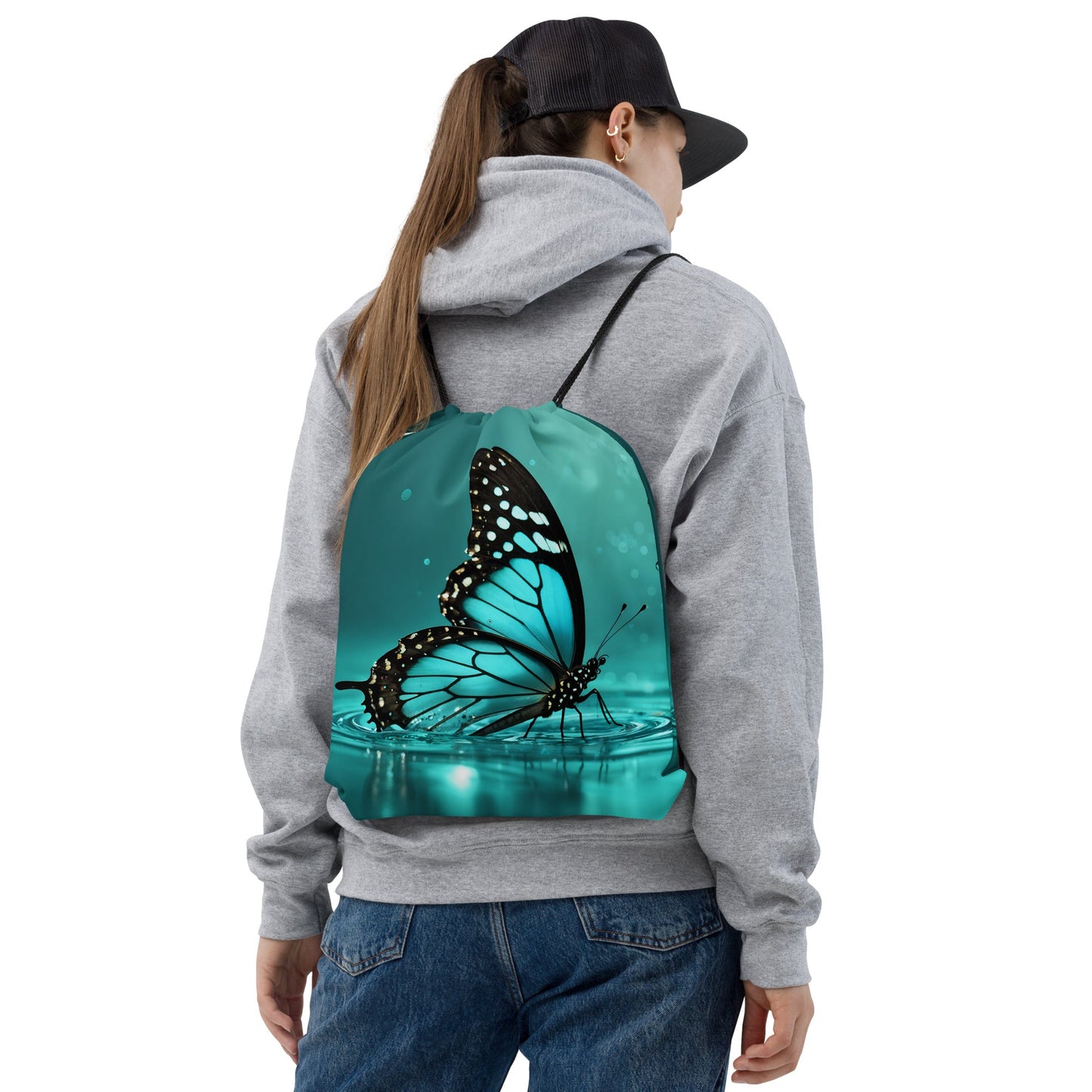 Turquoise Butterfly II Drawstring Bag - Drawstring Bag - Discovery Co.