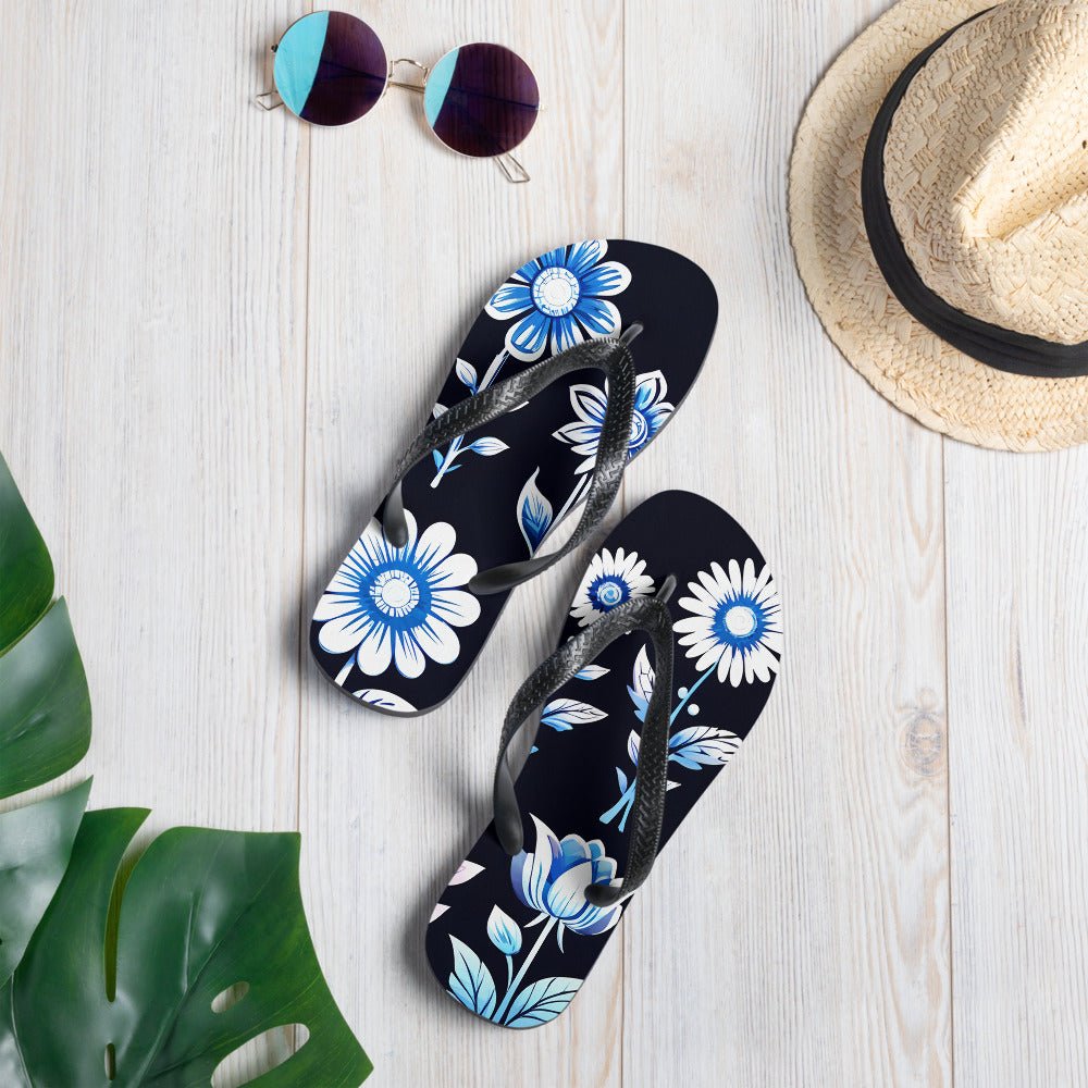 Blue and white flip flops online