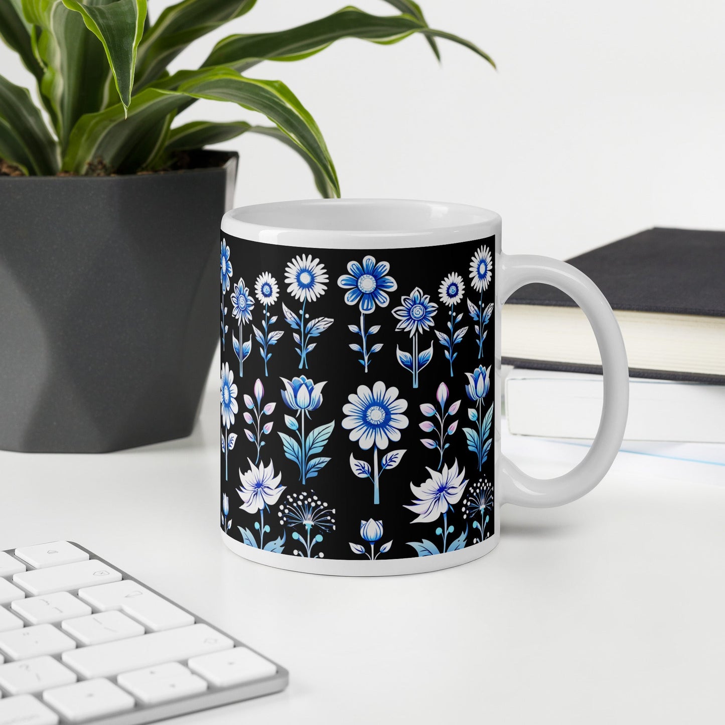 White and Blue Flowers White Glossy Mug (11 oz, 15 oz, 20 oz) - Mugs - Discovery Co.