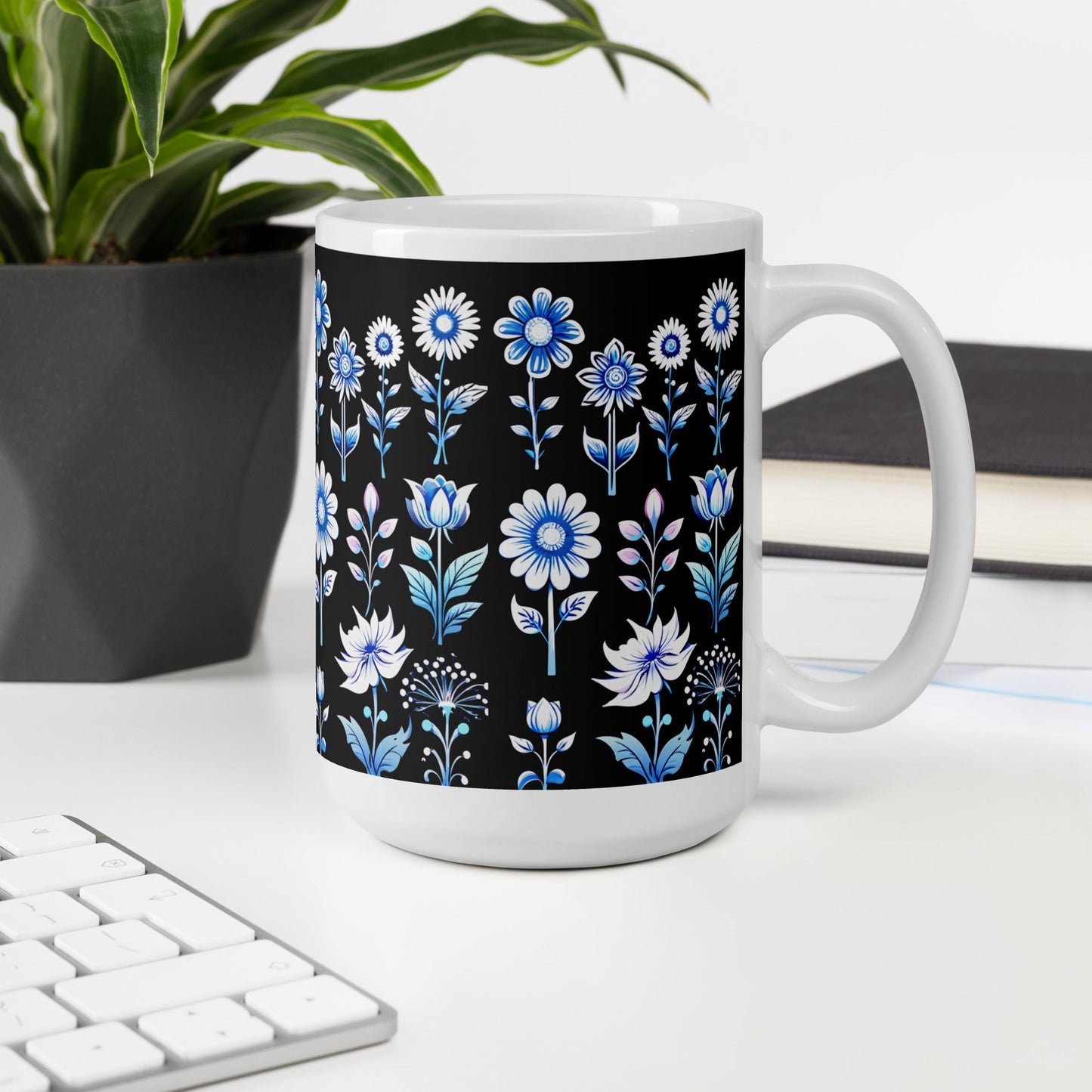White and Blue Flowers White Glossy Mug (11 oz, 15 oz, 20 oz) - Mugs - Discovery Co.