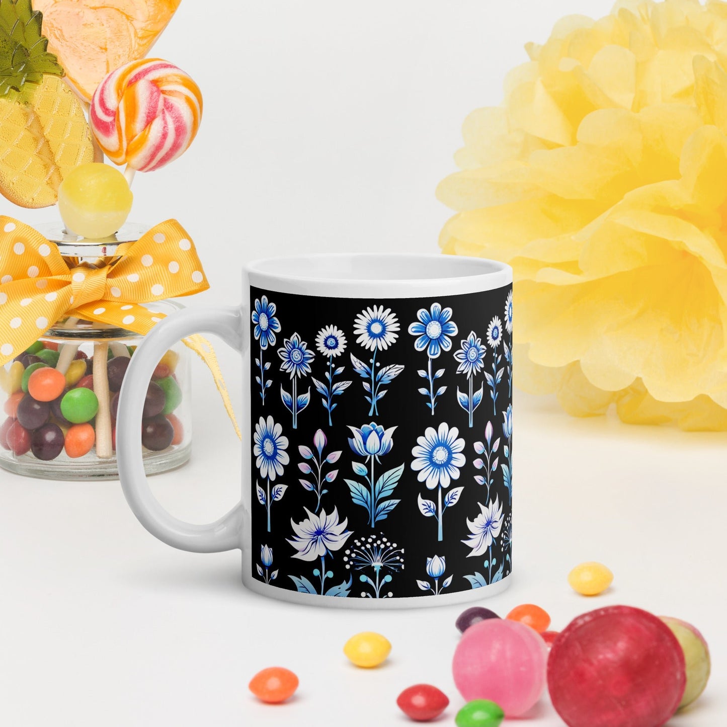 White and Blue Flowers White Glossy Mug (11 oz, 15 oz, 20 oz) - Mugs - Discovery Co.