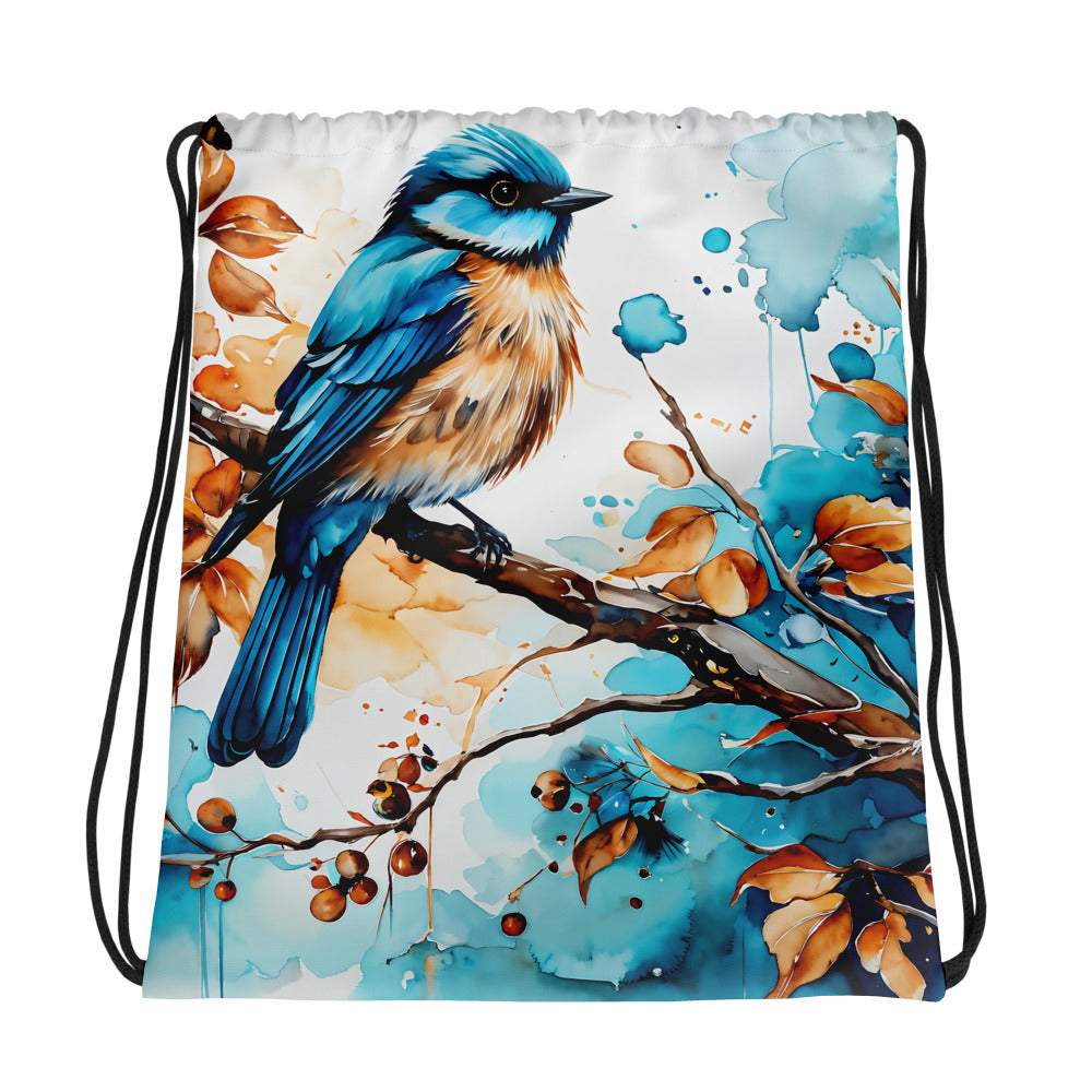 Blue and Tan Bird Perched Watercolor Art Drawstring Bag