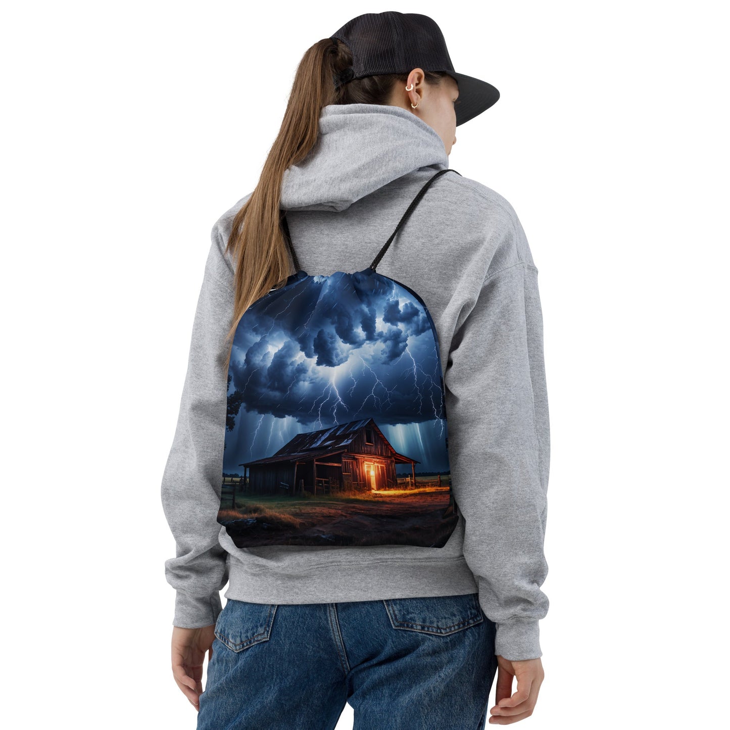 Barn In Lightning Storm Drawstring Bag - Drawstring Bag - Discovery Co.