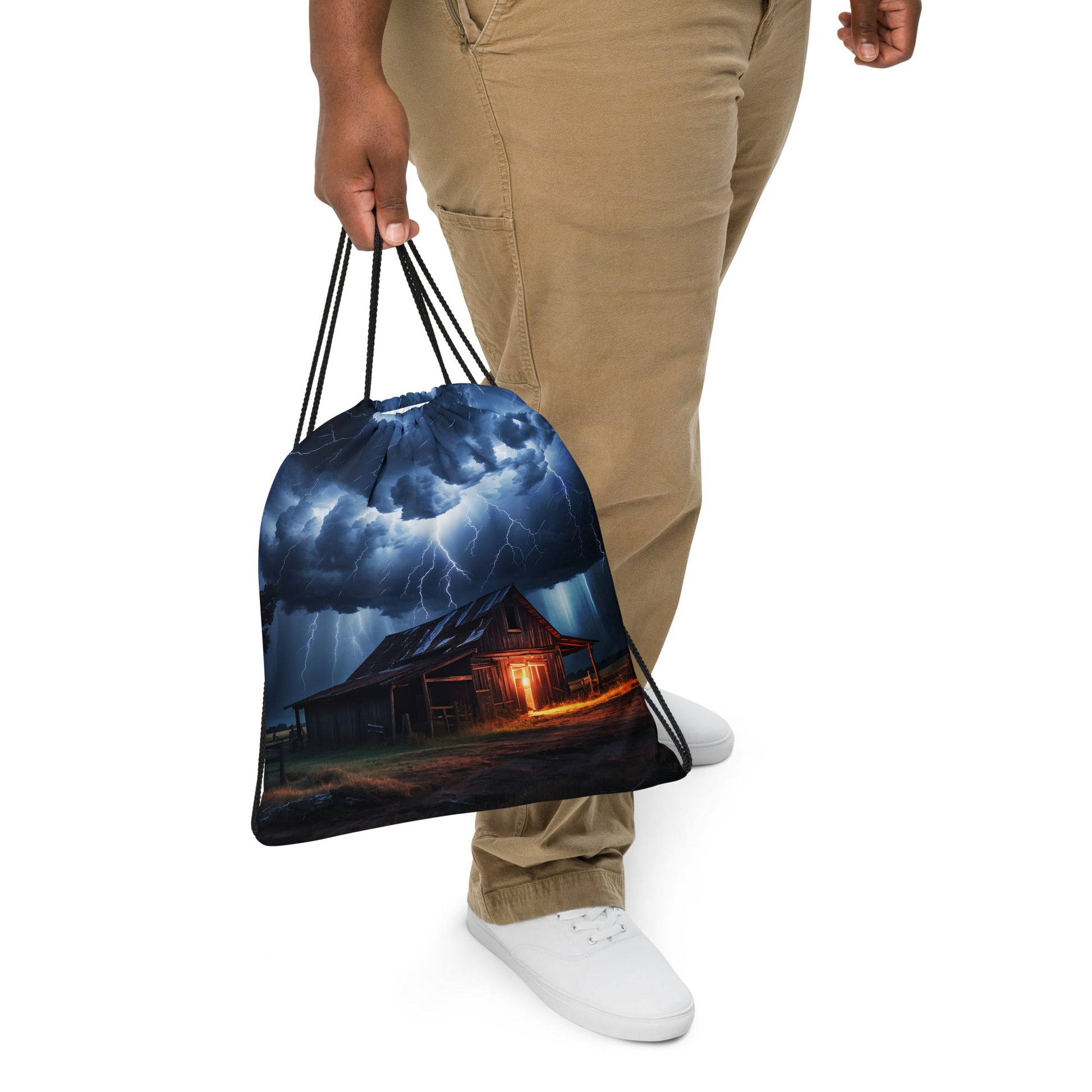 Barn In Lightning Storm Drawstring Bag - Drawstring Bag - Discovery Co.