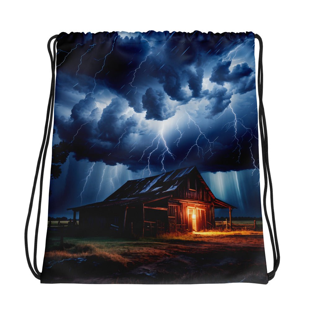 Barn In Lightning Storm Drawstring Bag - Drawstring Bag - Discovery Co.