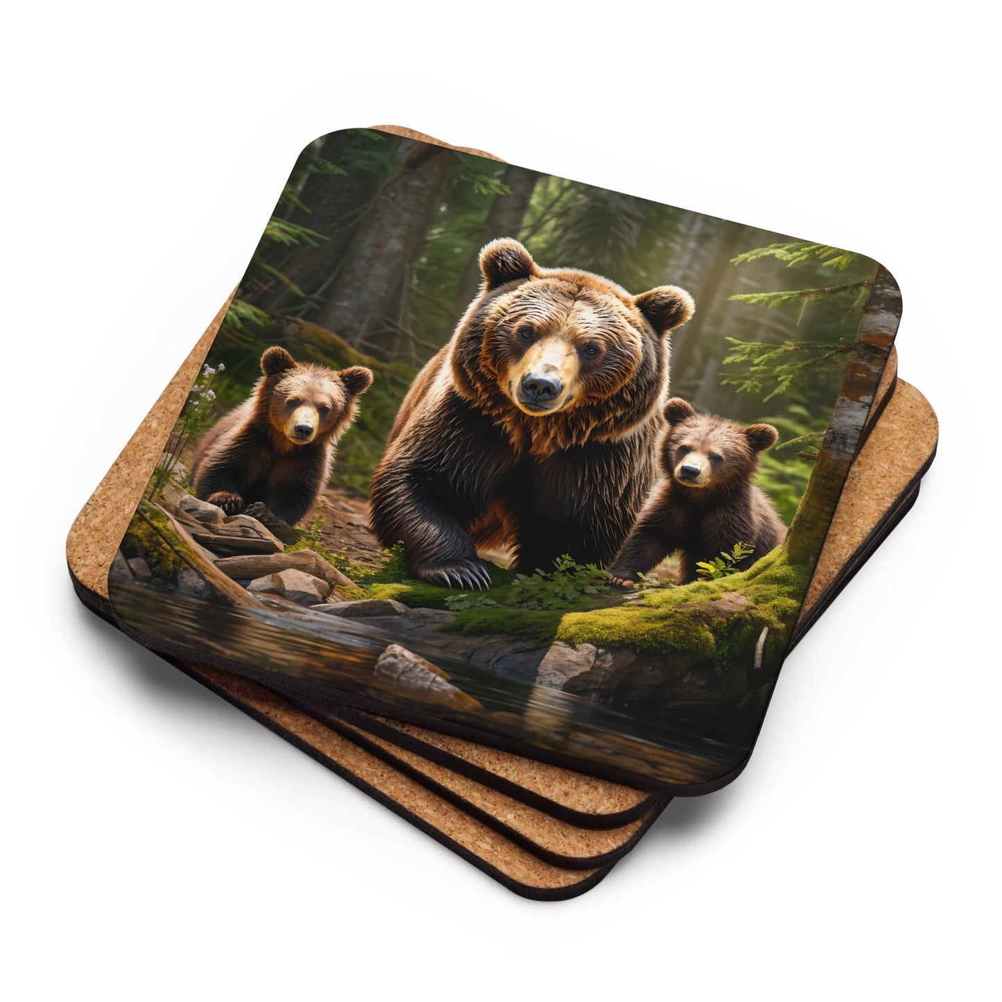 Bear Family Cork - back Coaster - Coasters - Discovery Co.