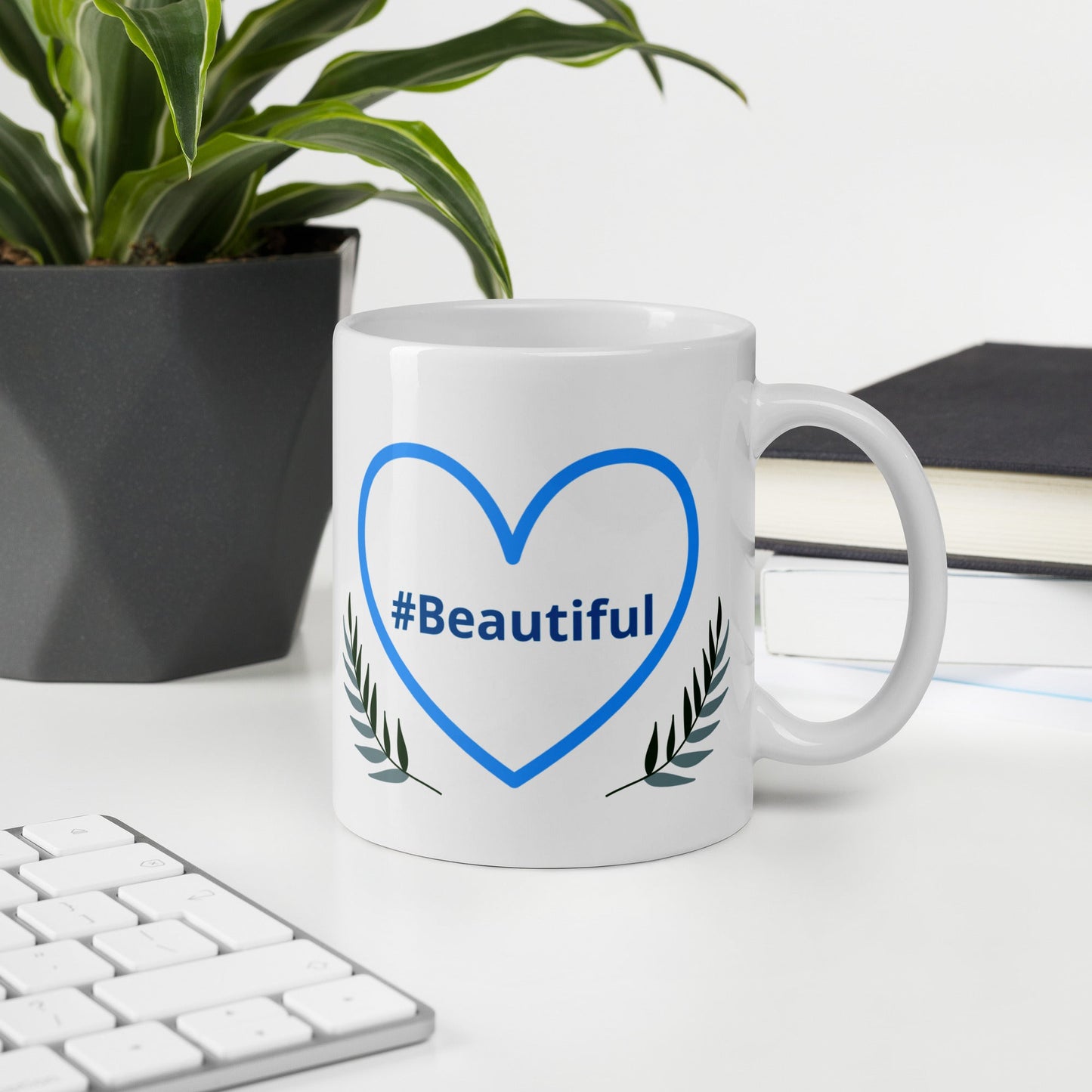 #Beautiful Blue Heart With Leaves White Glossy Mug (11 oz, 15 oz, 20 oz) - Mugs - Discovery Co.