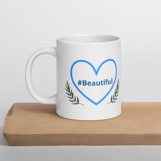 #Beautiful Blue Heart With Leaves White Glossy Mug (11 oz, 15 oz, 20 oz) - Mugs - Discovery Co.