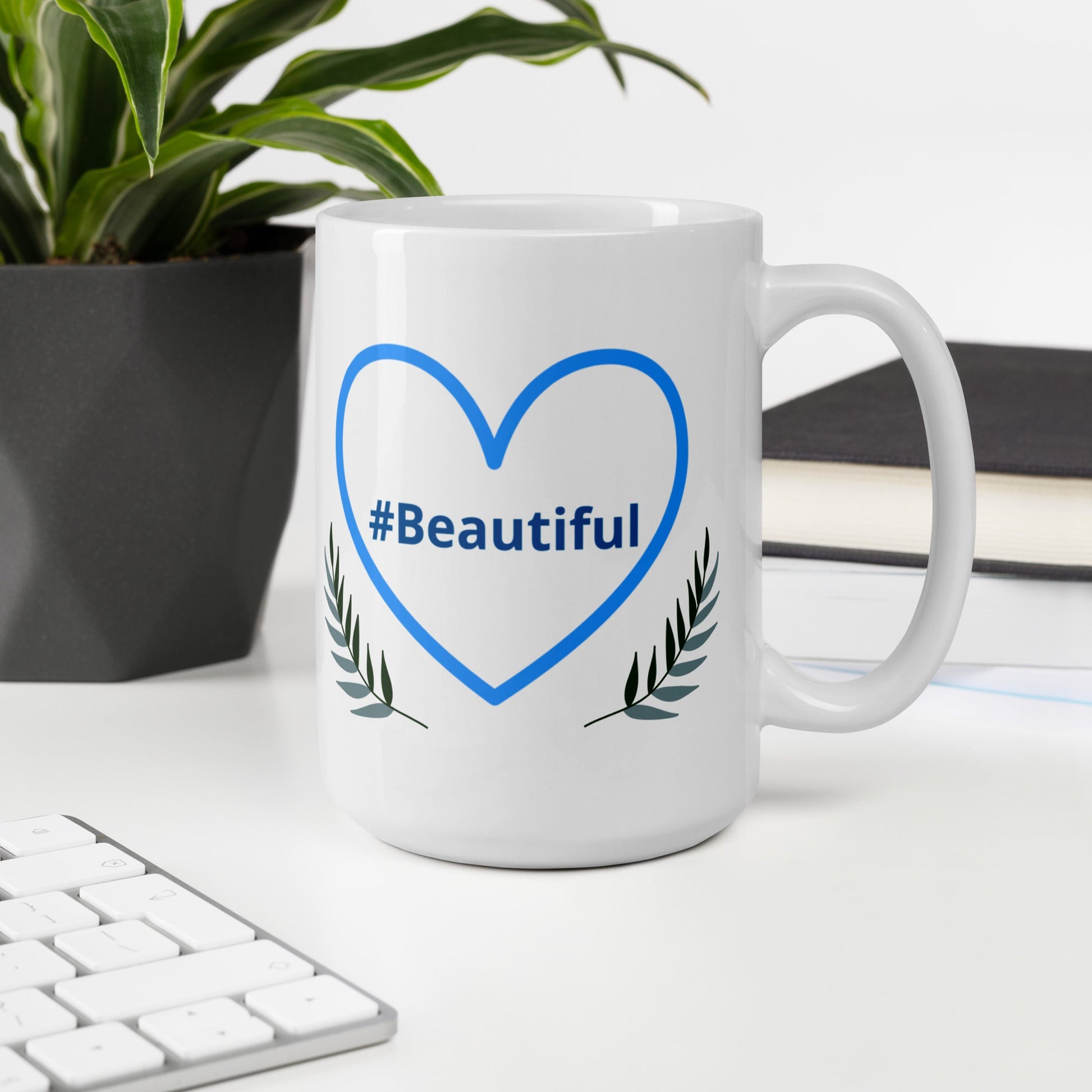 #Beautiful Blue Heart With Leaves White Glossy Mug (11 oz, 15 oz, 20 oz) - Mugs - Discovery Co.