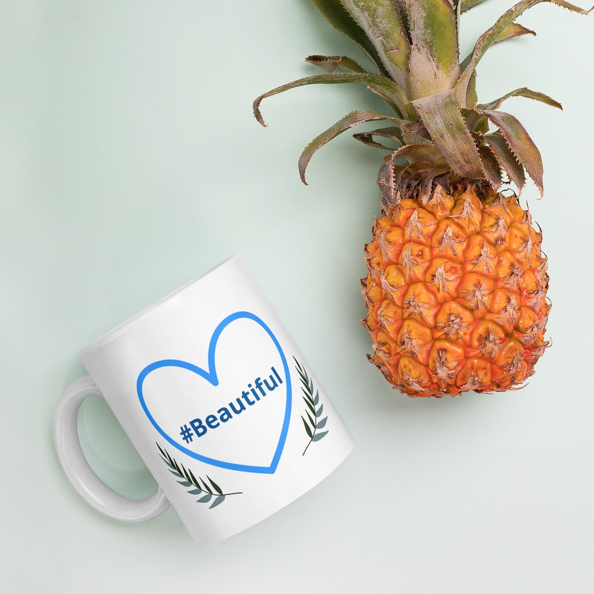 #Beautiful Blue Heart With Leaves White Glossy Mug (11 oz, 15 oz, 20 oz) - Mugs - Discovery Co.