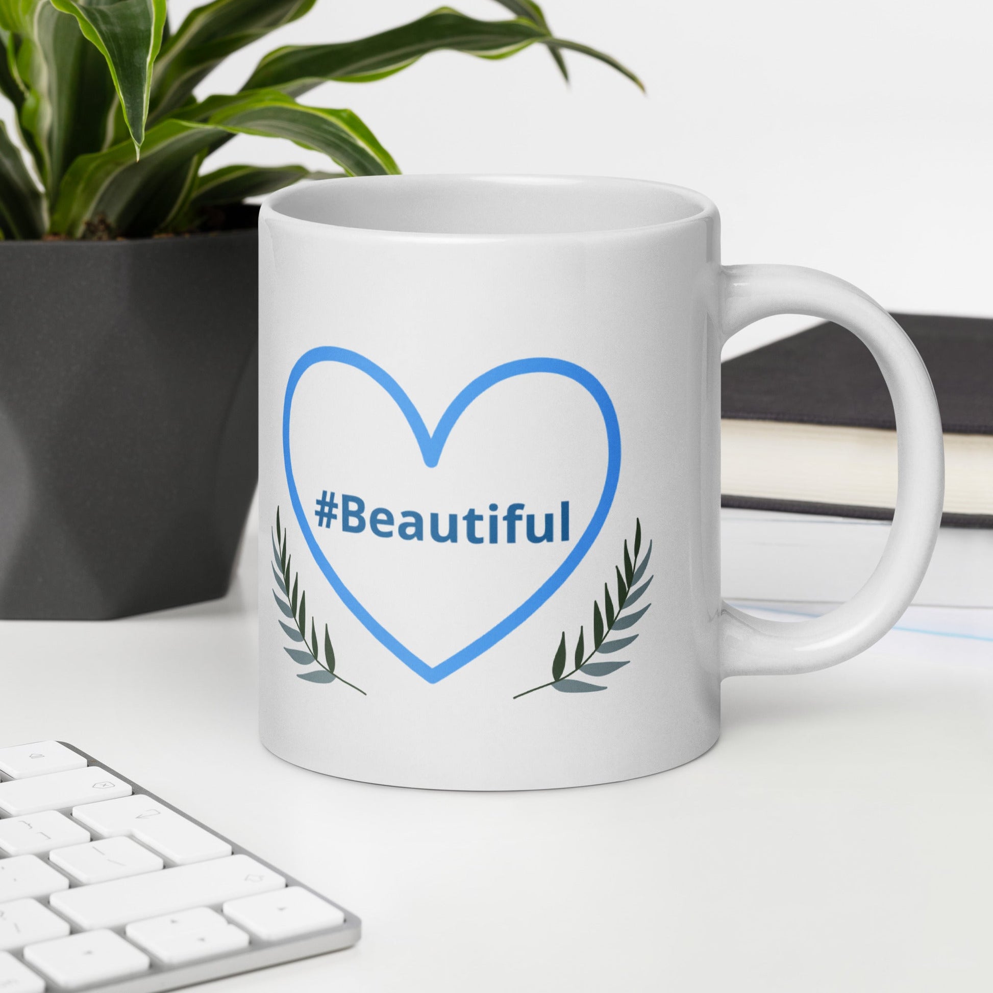 #Beautiful Blue Heart With Leaves White Glossy Mug (11 oz, 15 oz, 20 oz) - Mugs - Discovery Co.