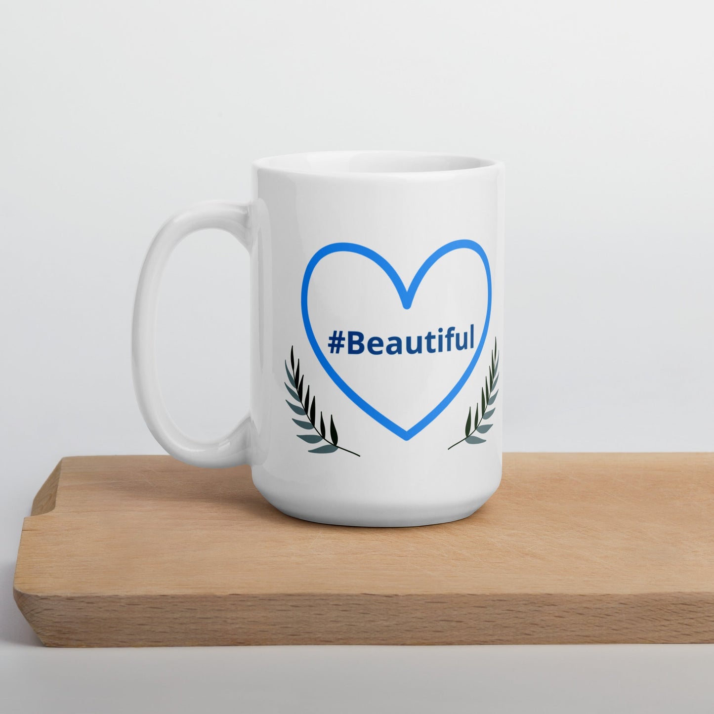 #Beautiful Blue Heart With Leaves White Glossy Mug (11 oz, 15 oz, 20 oz) - Mugs - Discovery Co.