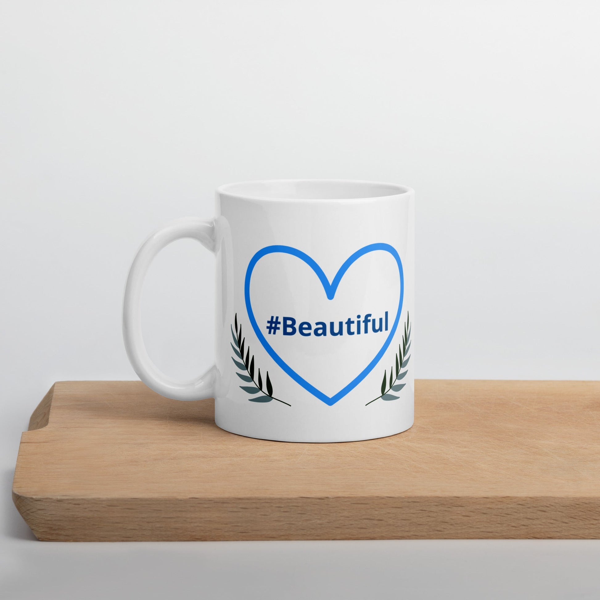 #Beautiful Blue Heart With Leaves White Glossy Mug (11 oz, 15 oz, 20 oz) - Mugs - Discovery Co.