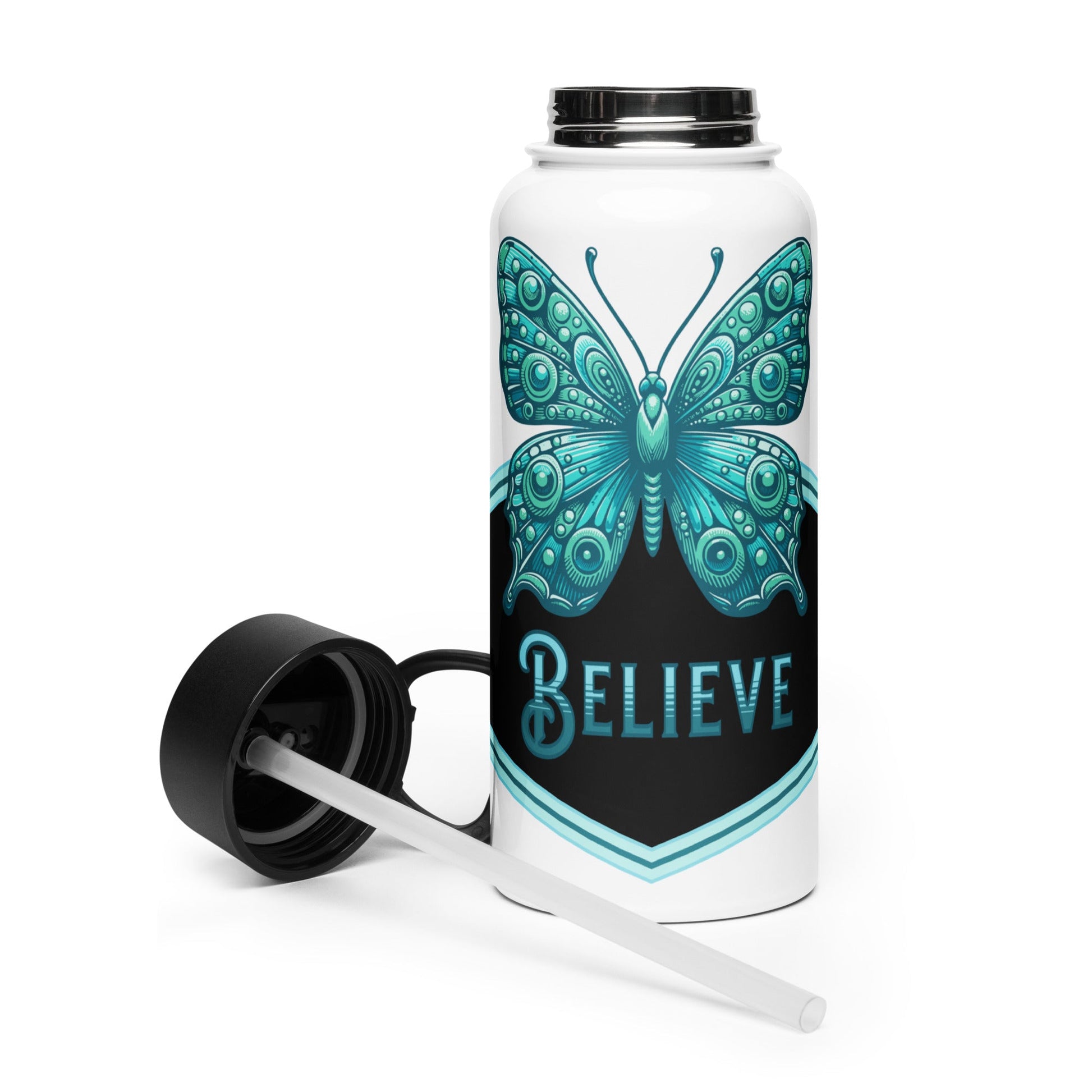 Believe - Butterfly II Stainless Steel Water Bottle With Straw Lid - Stainless Steel Water Bottle With Straw Lid - Discovery Co.