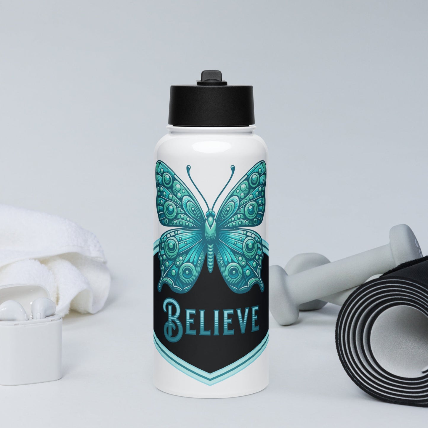 Believe - Butterfly II Stainless Steel Water Bottle With Straw Lid - Stainless Steel Water Bottle With Straw Lid - Discovery Co.