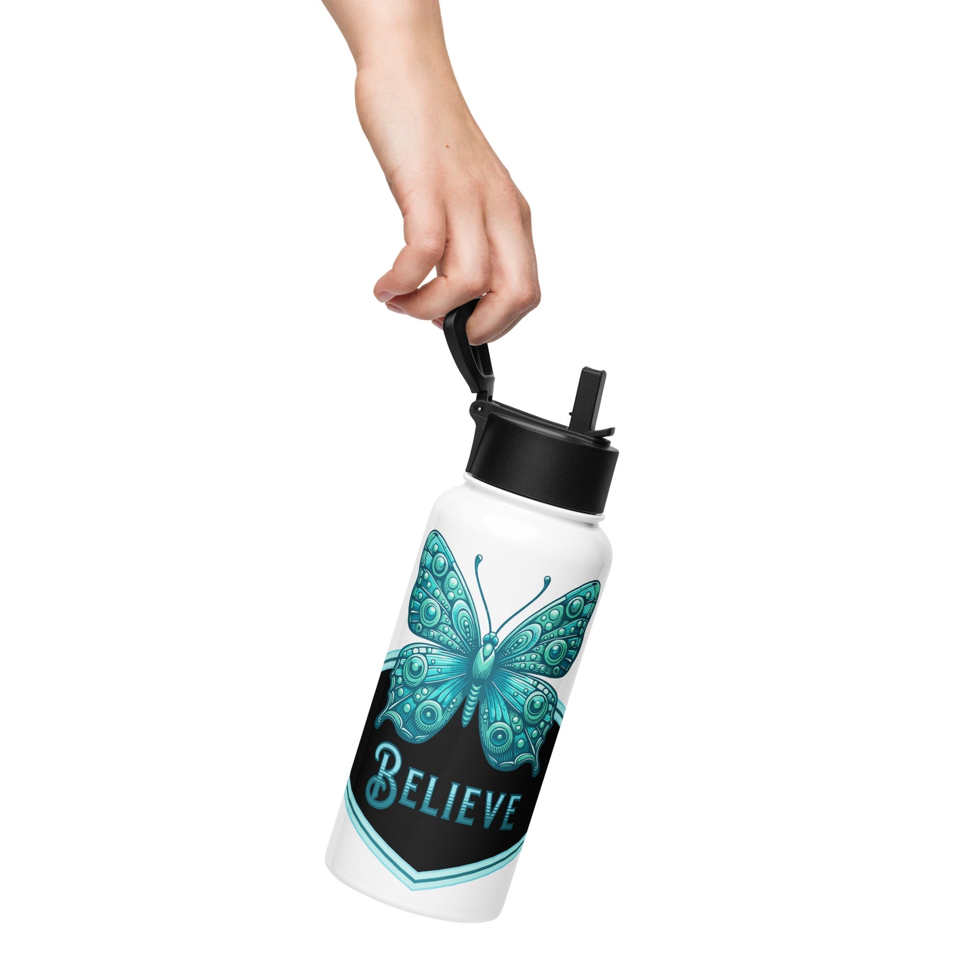 Believe - Butterfly II Stainless Steel Water Bottle With Straw Lid - Stainless Steel Water Bottle With Straw Lid - Discovery Co.