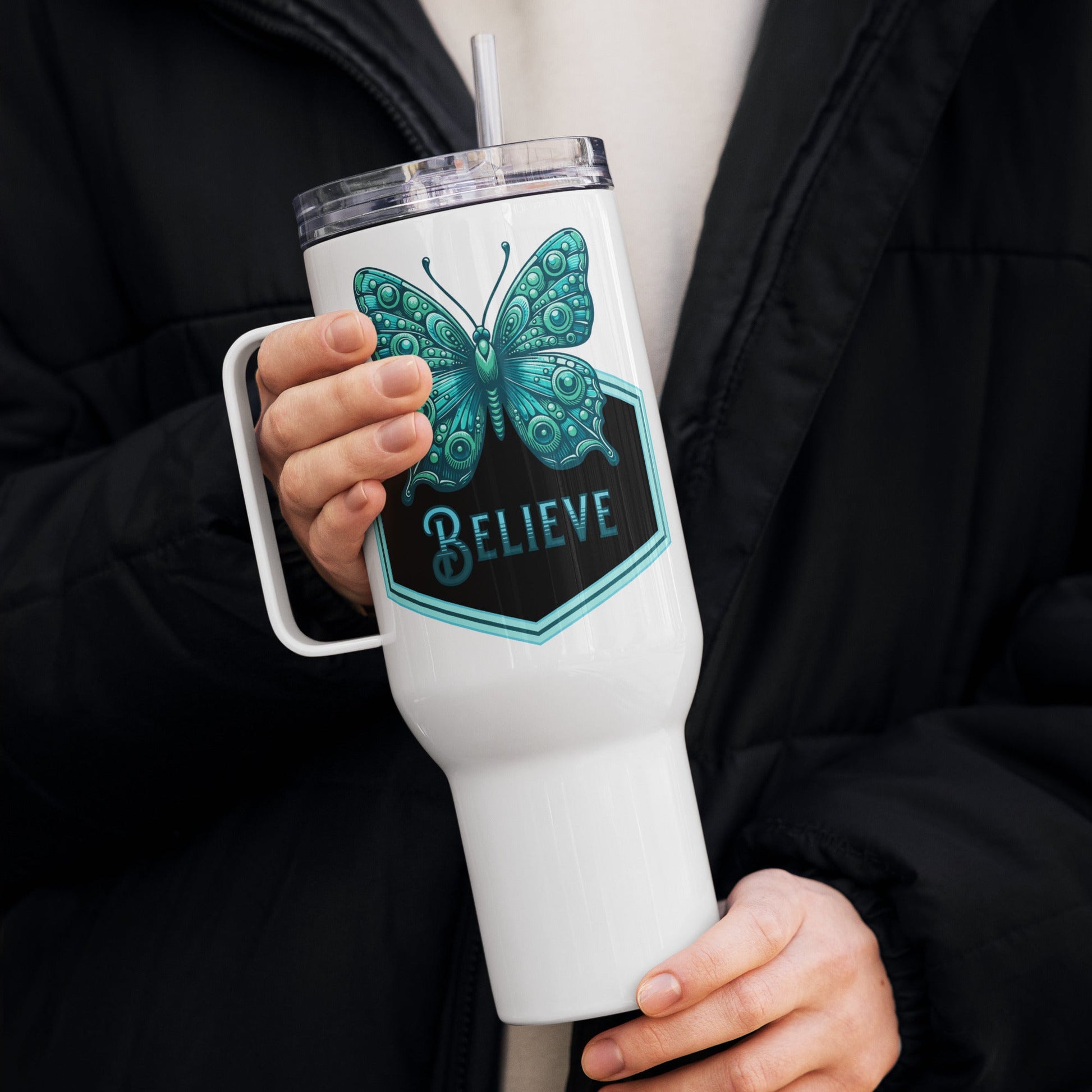 Believe - Butterfly II Travel Mug With Handle (25 oz and 40 oz) - Travel Mug - Discovery Co.