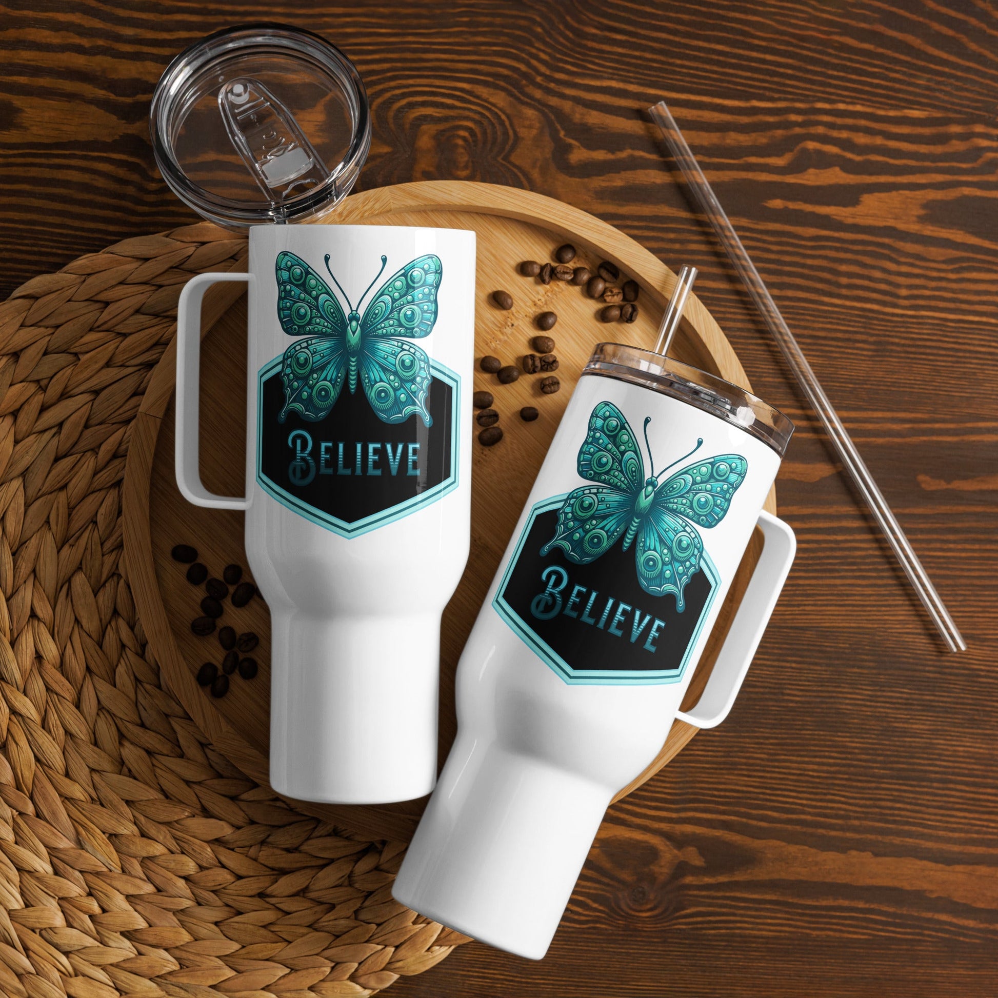 Believe - Butterfly II Travel Mug With Handle (25 oz and 40 oz) - Travel Mug - Discovery Co.