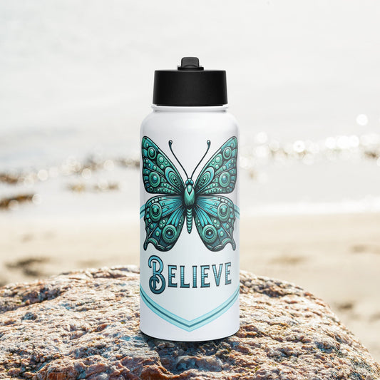Believe - Butterfly Stainless Steel Water Bottle With Straw Lid - Stainless Steel Water Bottle With Straw Lid - Discovery Co.