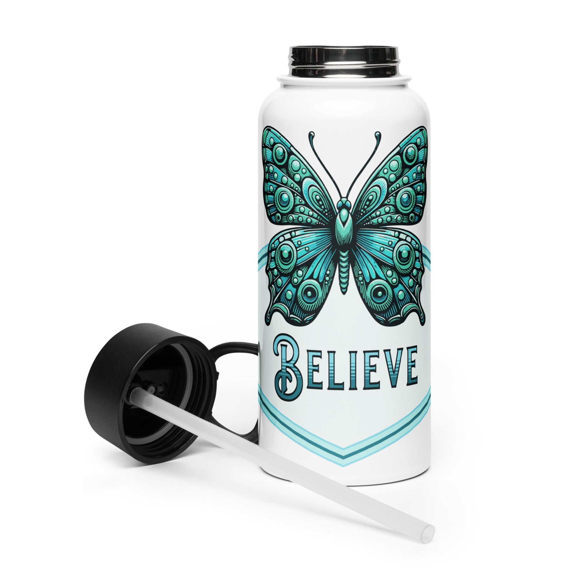 Believe - Butterfly Stainless Steel Water Bottle With Straw Lid - Stainless Steel Water Bottle With Straw Lid - Discovery Co.