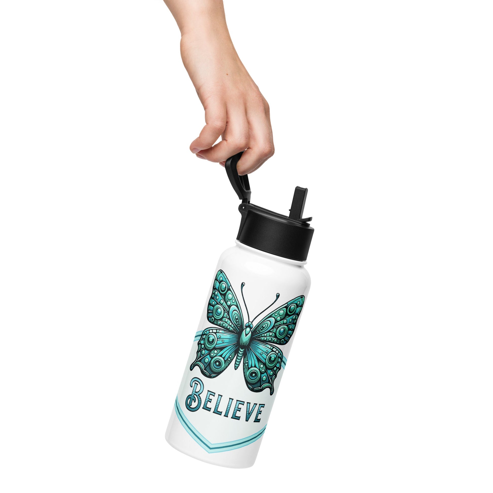 Believe - Butterfly Stainless Steel Water Bottle With Straw Lid - Stainless Steel Water Bottle With Straw Lid - Discovery Co.
