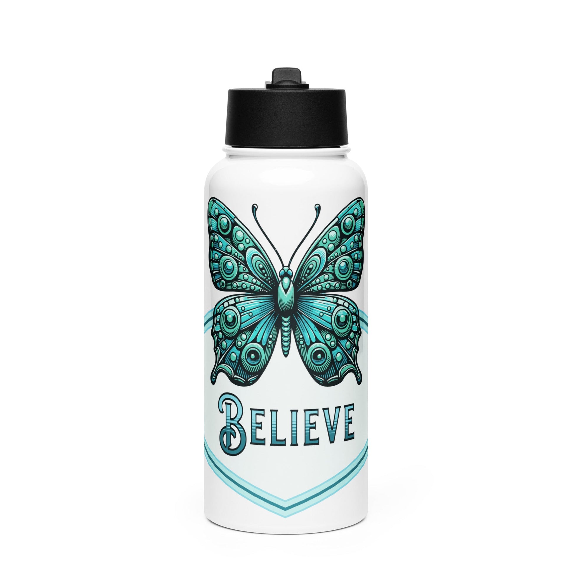 Believe - Butterfly Stainless Steel Water Bottle With Straw Lid - Stainless Steel Water Bottle With Straw Lid - Discovery Co.