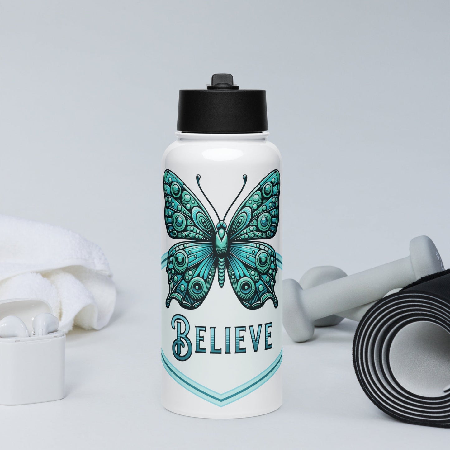 Believe - Butterfly Stainless Steel Water Bottle With Straw Lid - Stainless Steel Water Bottle With Straw Lid - Discovery Co.