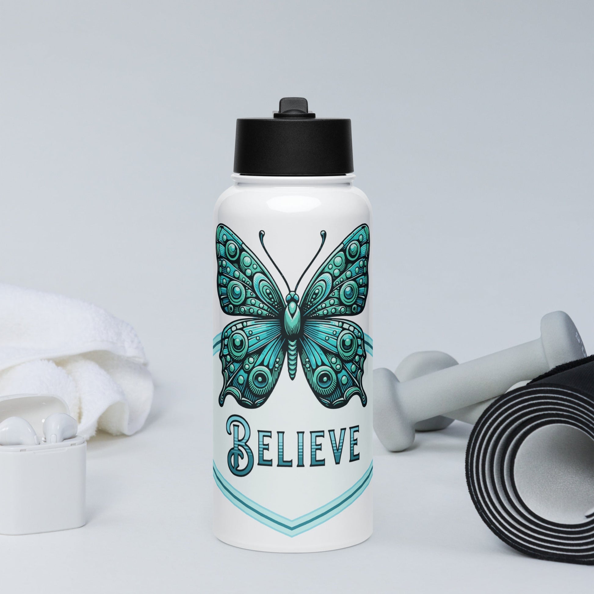 Believe - Butterfly Stainless Steel Water Bottle With Straw Lid - Stainless Steel Water Bottle With Straw Lid - Discovery Co.
