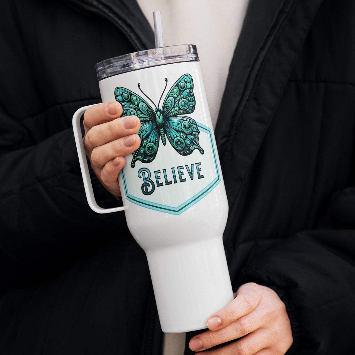 Believe - Butterfly Travel Mug With Handle (25 oz and 40 oz) - Travel Mug - Discovery Co.