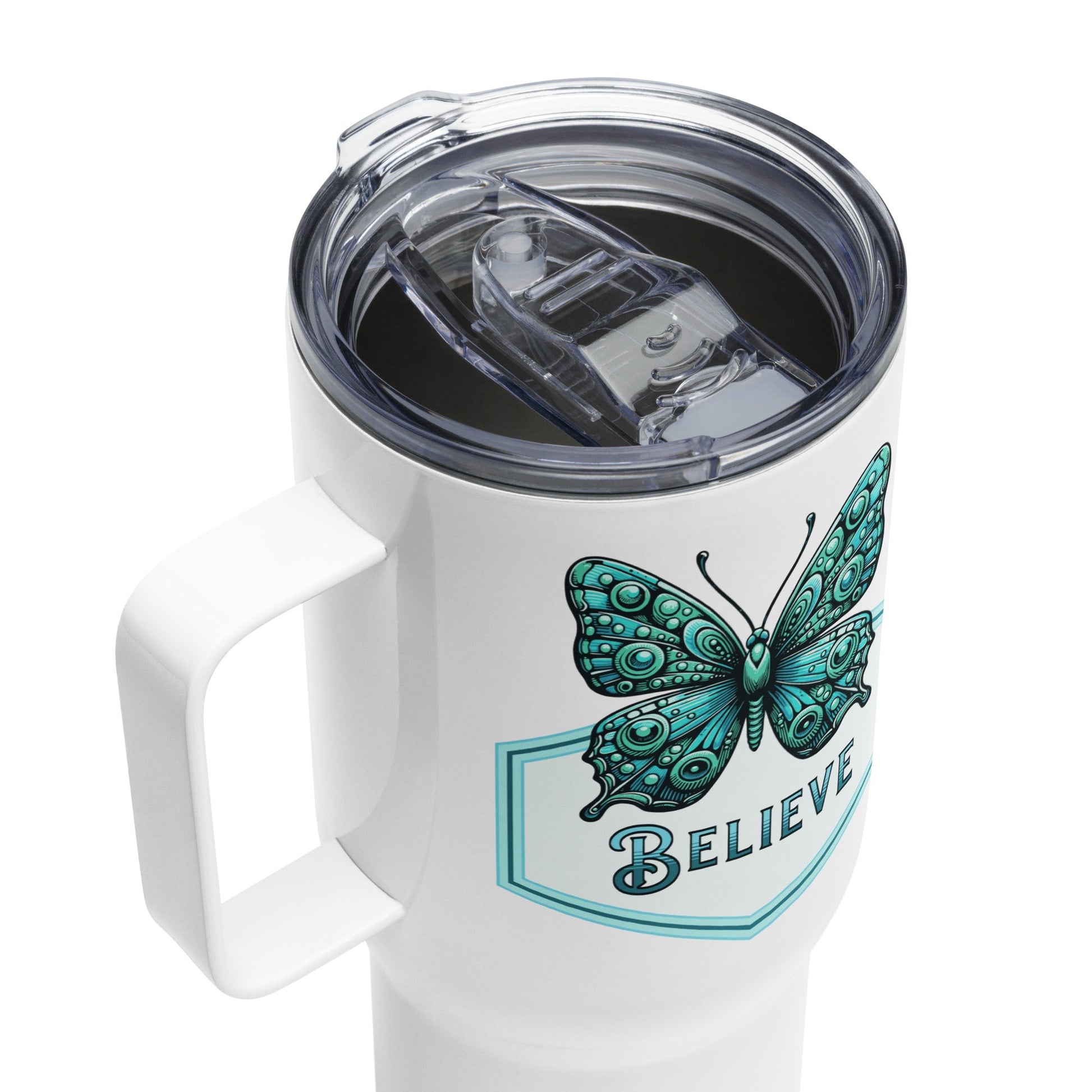 Believe - Butterfly Travel Mug With Handle (25 oz and 40 oz) - Travel Mug - Discovery Co.