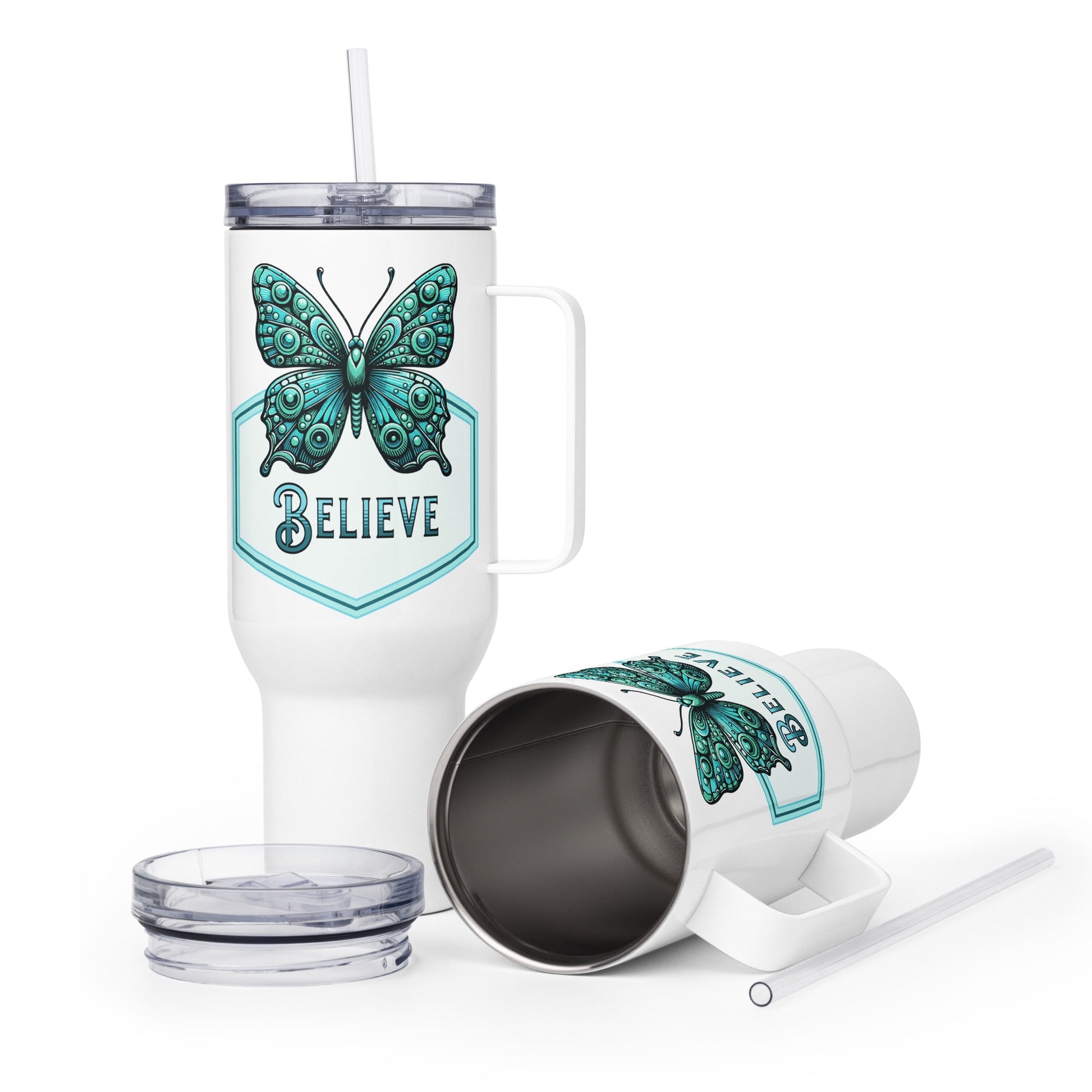 Believe - Butterfly Travel Mug With Handle (25 oz and 40 oz) - Travel Mug - Discovery Co.