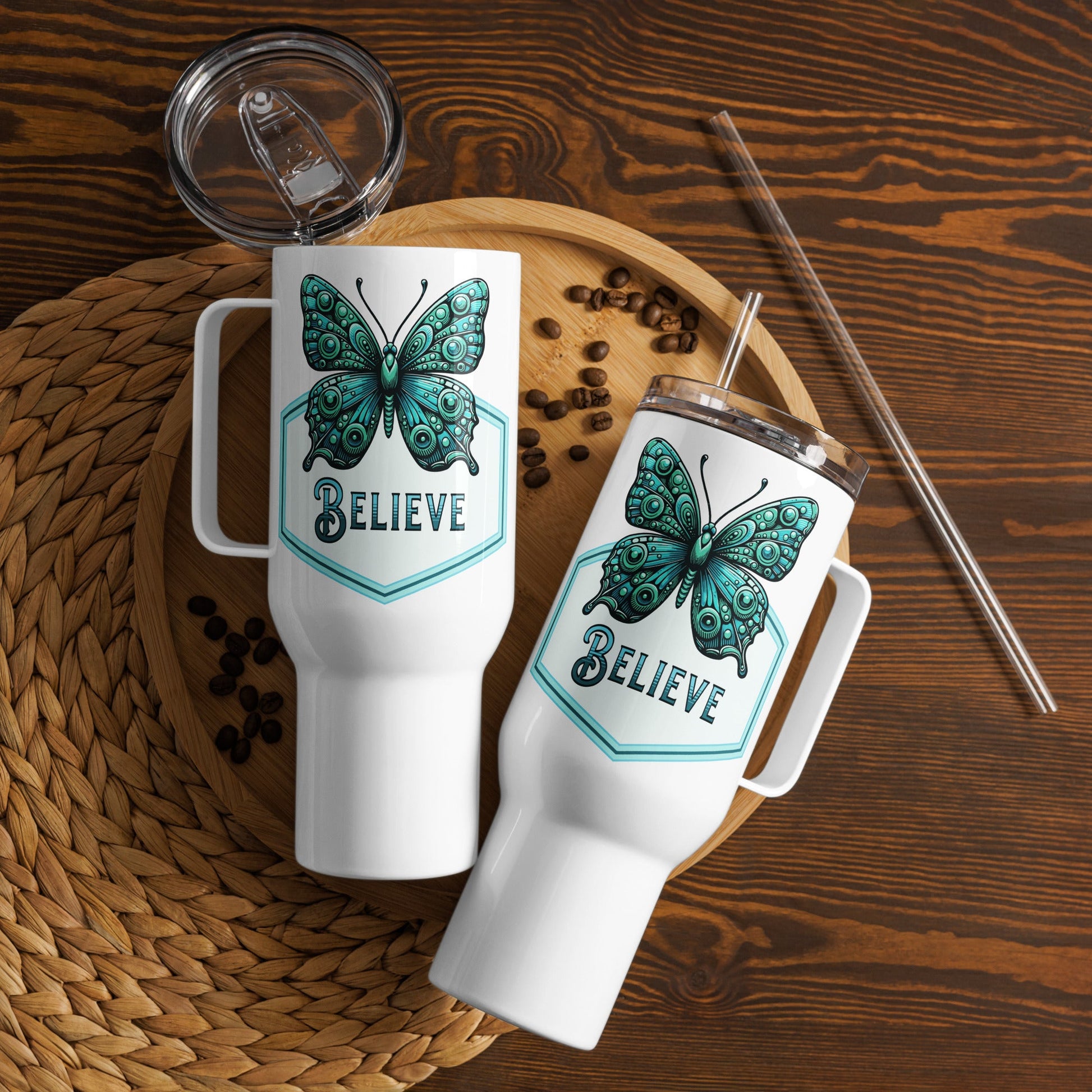 Believe - Butterfly Travel Mug With Handle (25 oz and 40 oz) - Travel Mug - Discovery Co.