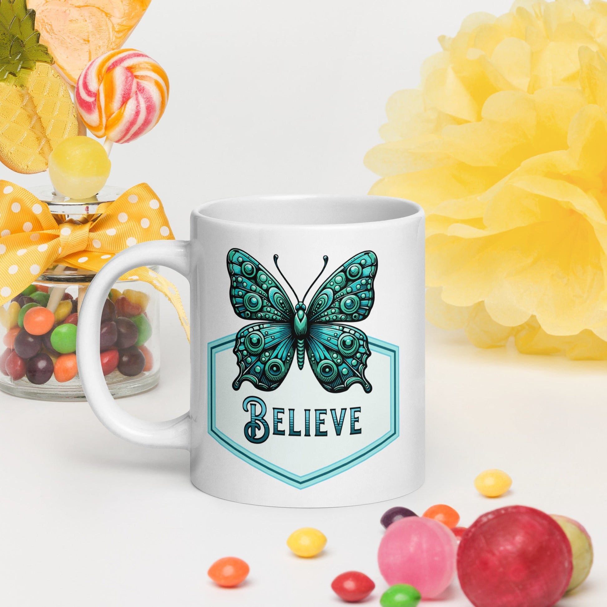 Believe - Butterfly White Glossy Mug (11 oz. 15 oz, 20 oz) - Mugs - Discovery Co.