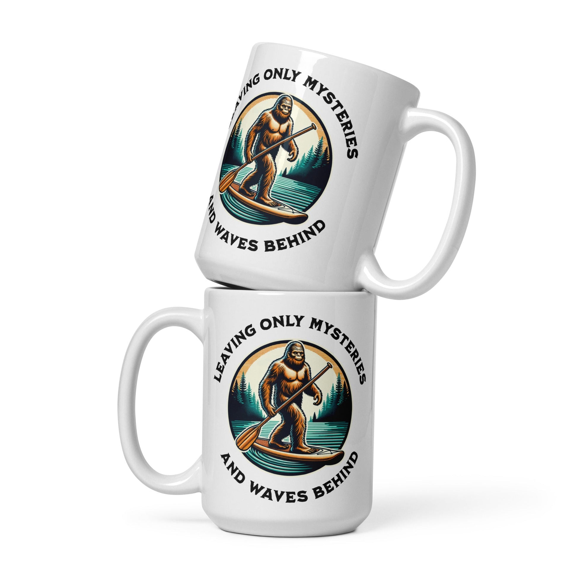 Bigfoot Paddle Boarding White Glossy Mug (11 oz, 15 oz, 20 oz) - Mugs - Discovery Co.