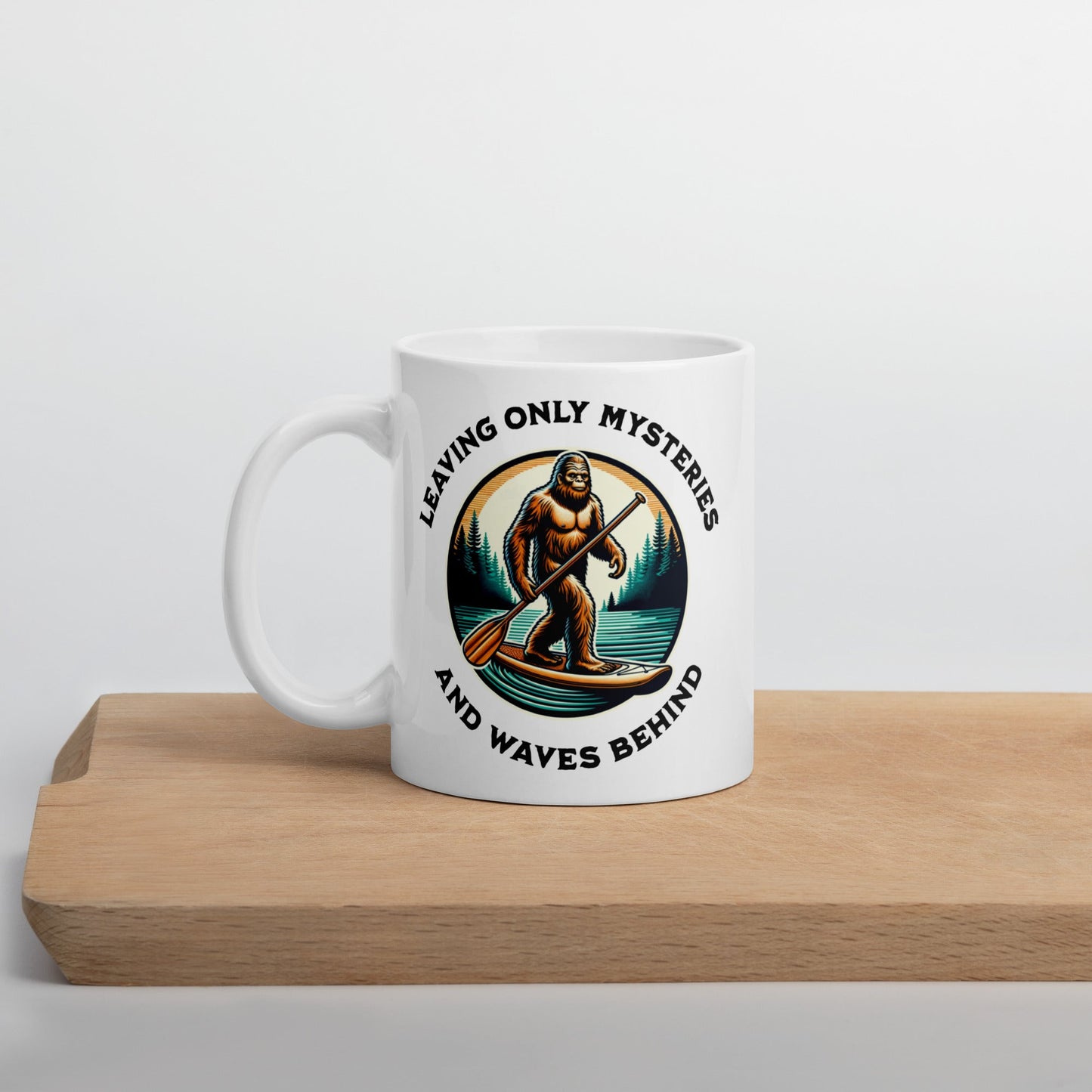 Bigfoot Paddle Boarding White Glossy Mug (11 oz, 15 oz, 20 oz) - Mugs - Discovery Co.