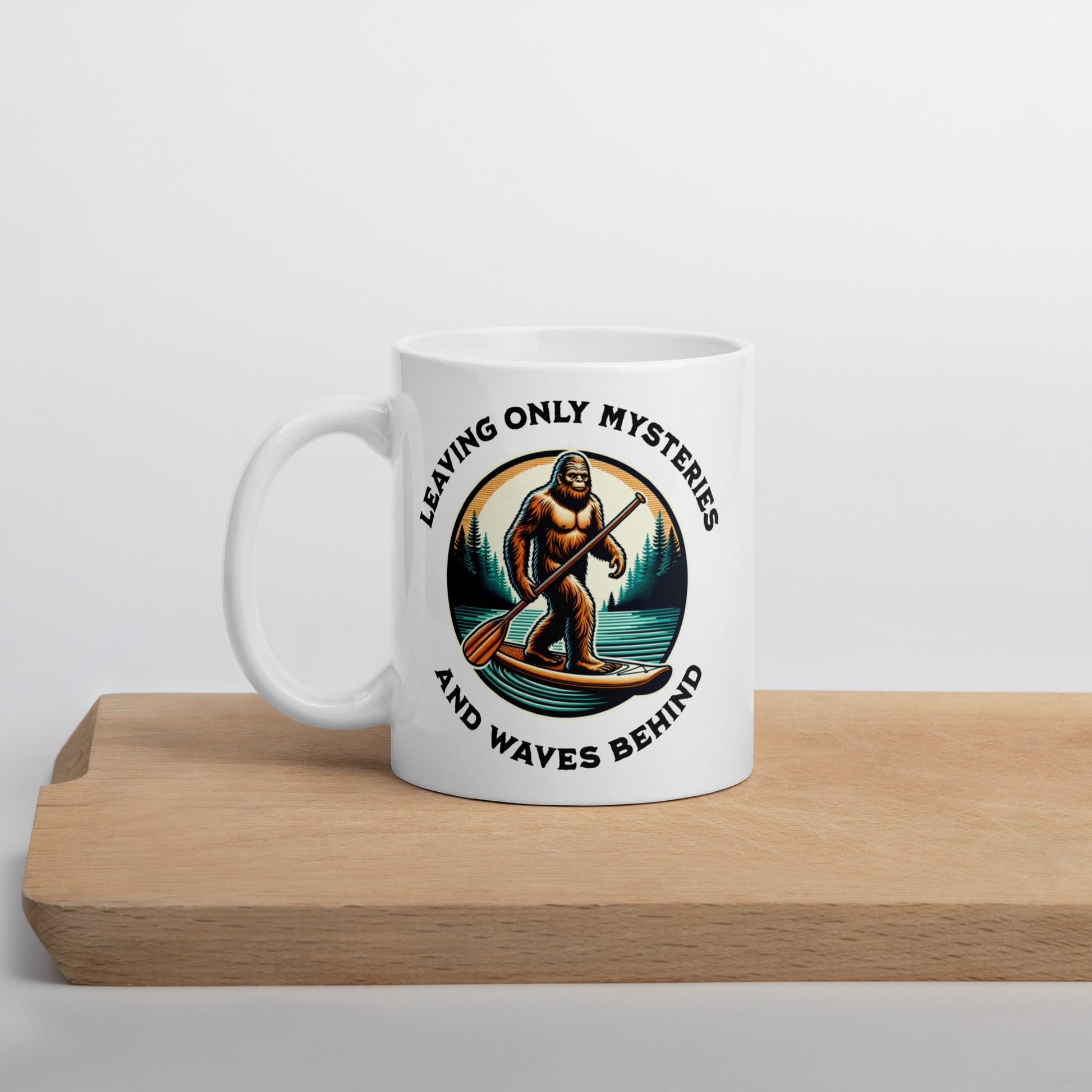 Bigfoot Paddle Boarding White Glossy Mug (11 oz, 15 oz, 20 oz) - Mugs - Discovery Co.