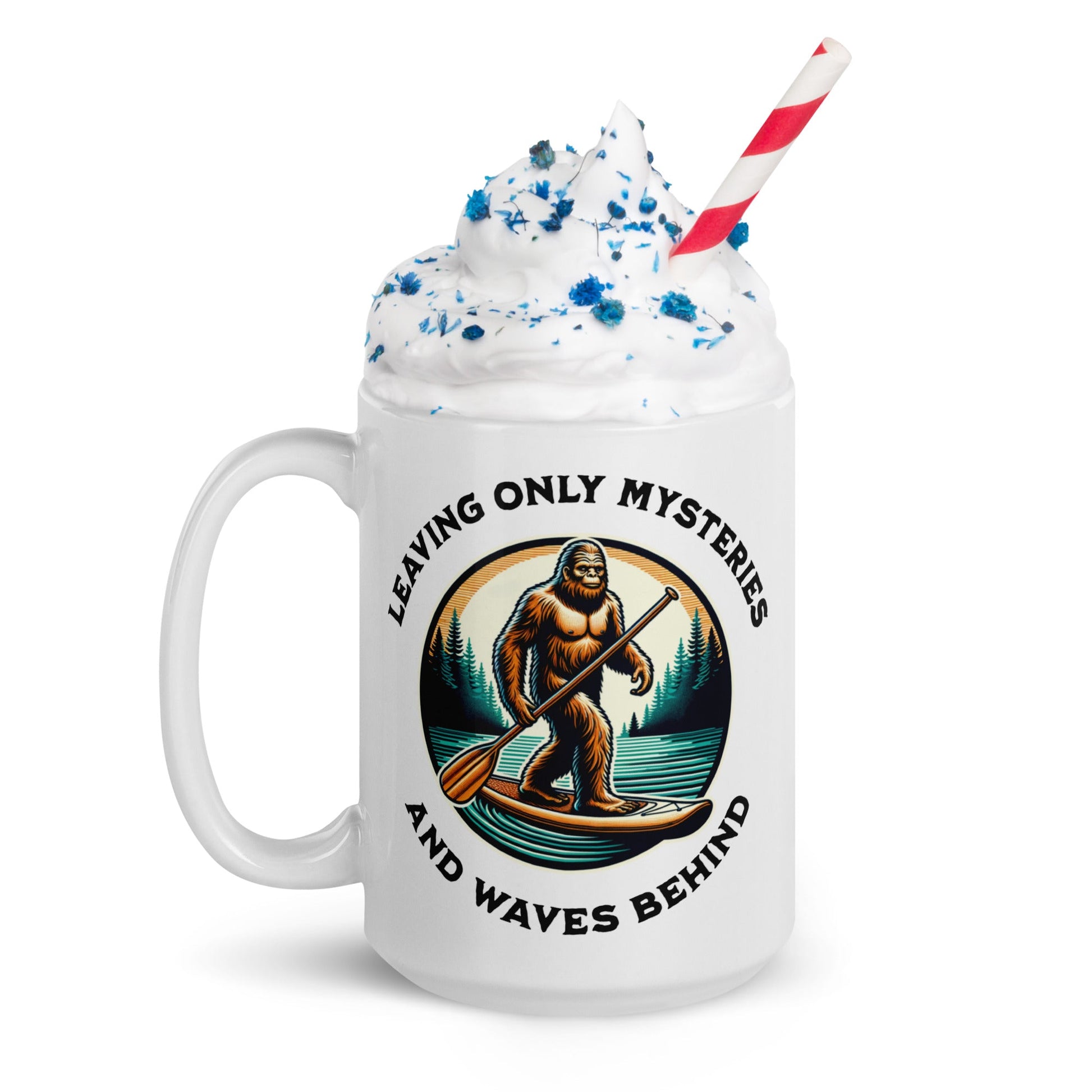 Bigfoot Paddle Boarding White Glossy Mug (11 oz, 15 oz, 20 oz) - Mugs - Discovery Co.