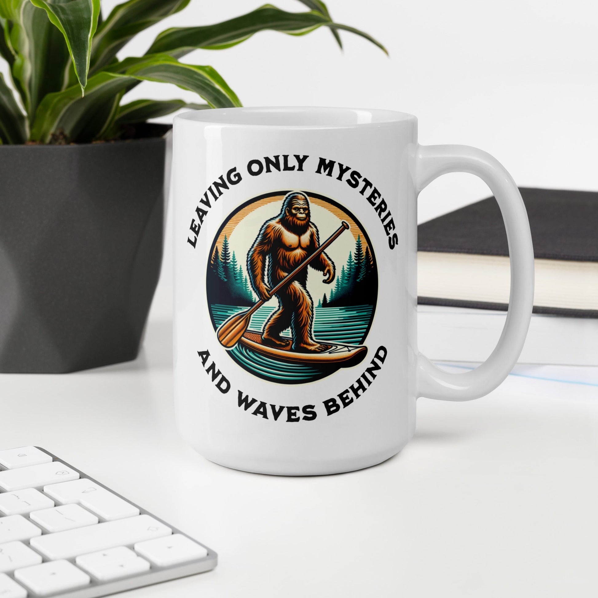 Bigfoot Paddle Boarding White Glossy Mug (11 oz, 15 oz, 20 oz) - Mugs - Discovery Co.