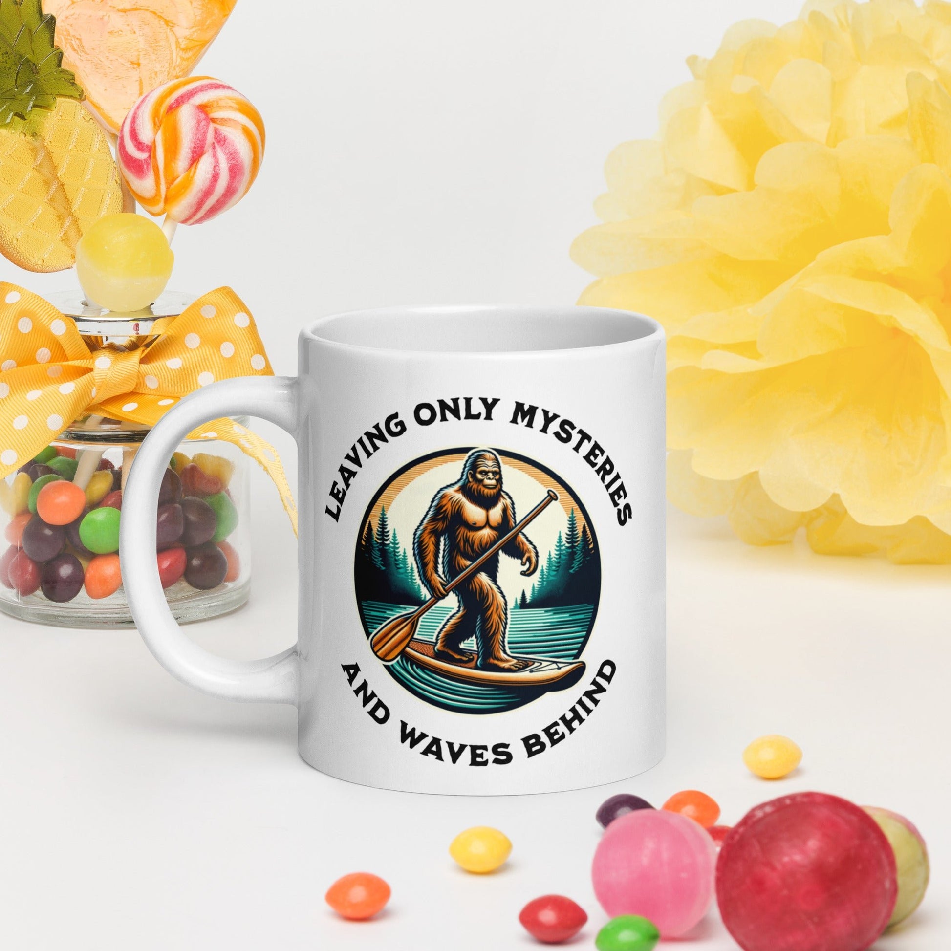Bigfoot Paddle Boarding White Glossy Mug (11 oz, 15 oz, 20 oz) - Mugs - Discovery Co.